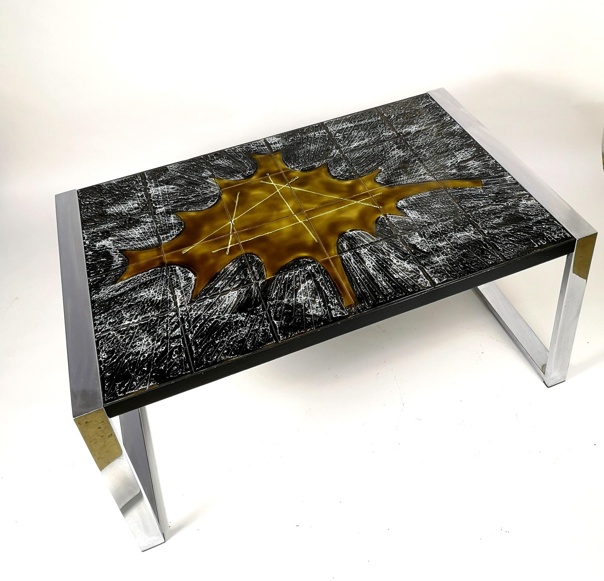 French Mid-Century Ceramic Top Metal Frame Cocktail Table by Jean D'Asti, France, 1960s For Sale