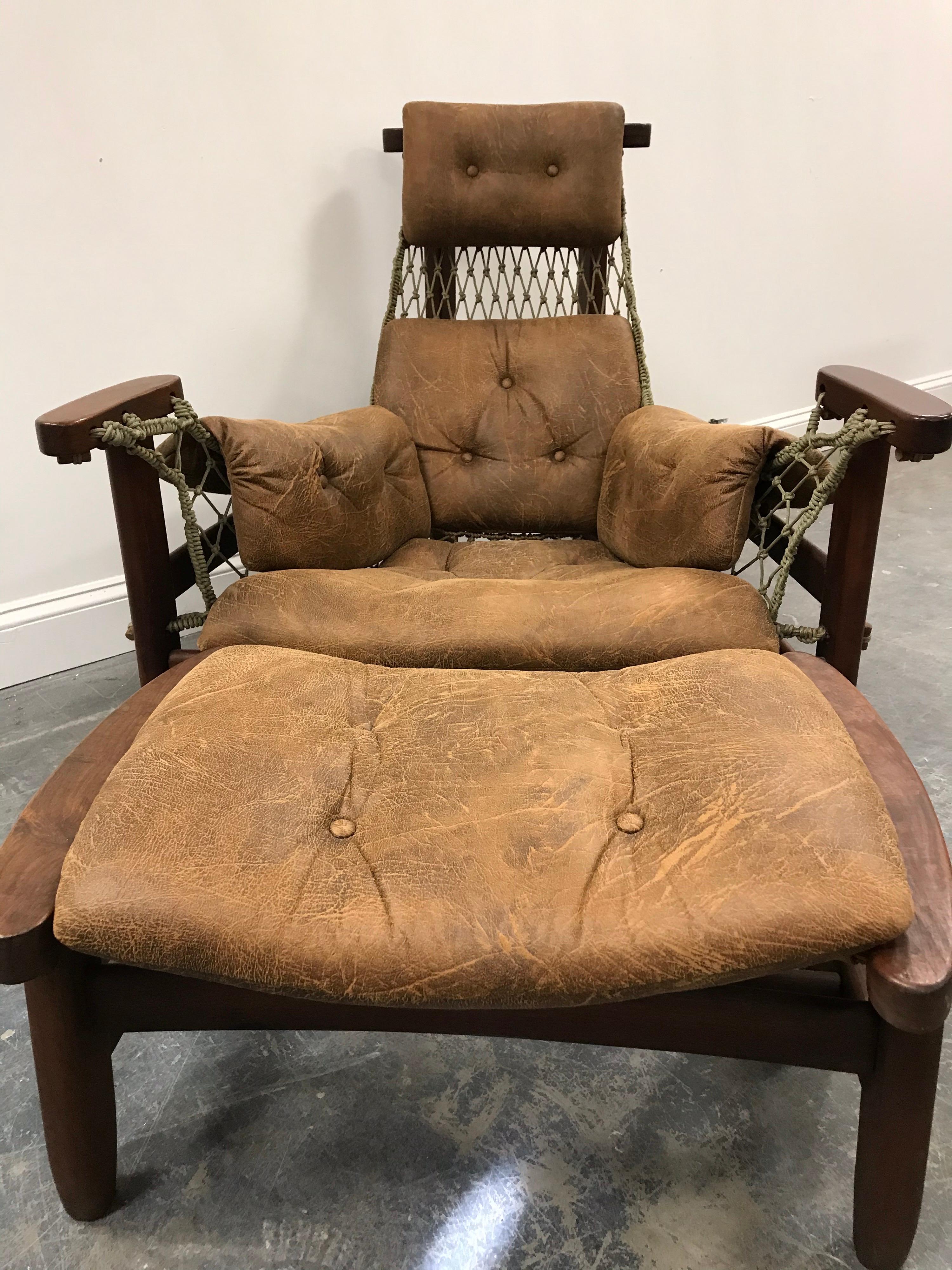 Brazilian Rare Jangada Chair and Ottoman by Jean Gillon