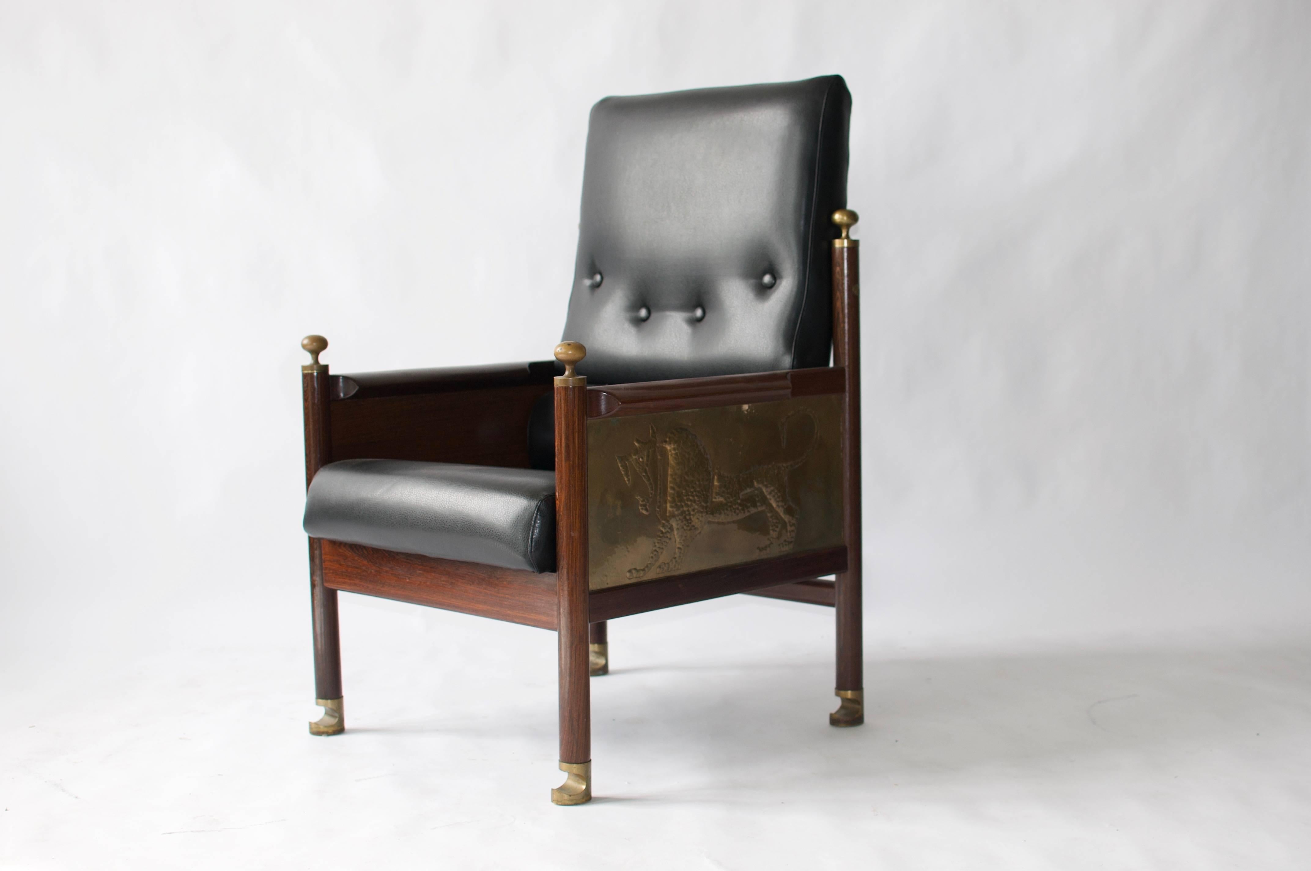 Rare chair designed by Ib Kofod-Larsen. Brass and wegne wood.