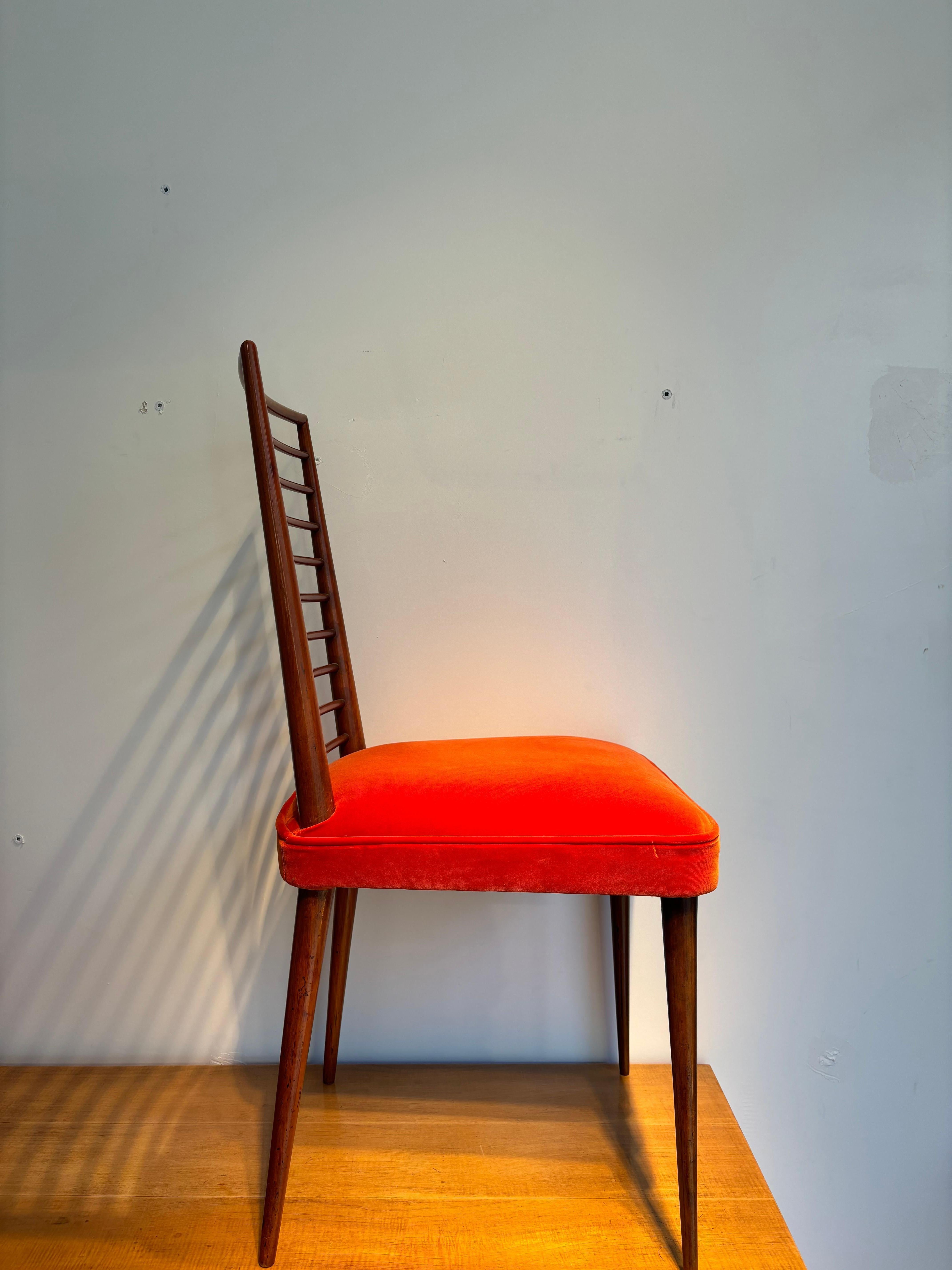 Rare set of six chairs by Joaquim Tenreiro circa 1948 in caviuna and mohair velvet. 
Really elegant set, delicat and so chic 