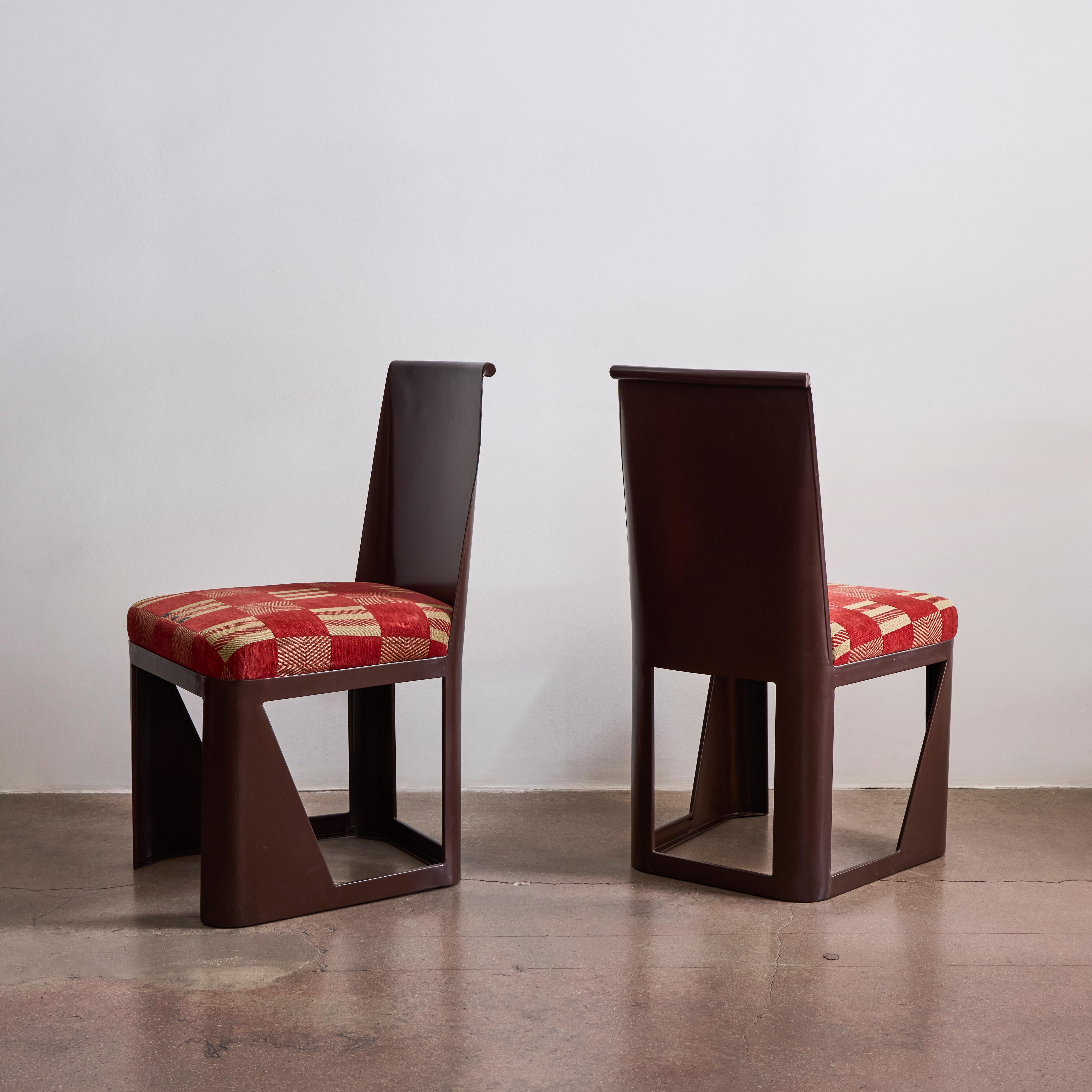 Rare chairs by René Prou for Pierre Laborie-Labor Métal with original upholstery fabric by Helene Henry. Made in Paris, France circa 1931. From the collection of Marcel Dassault.'

A. Bony, Les Années 30, Paris, 1987, p. 899
M. Kries, et al., Atlas
