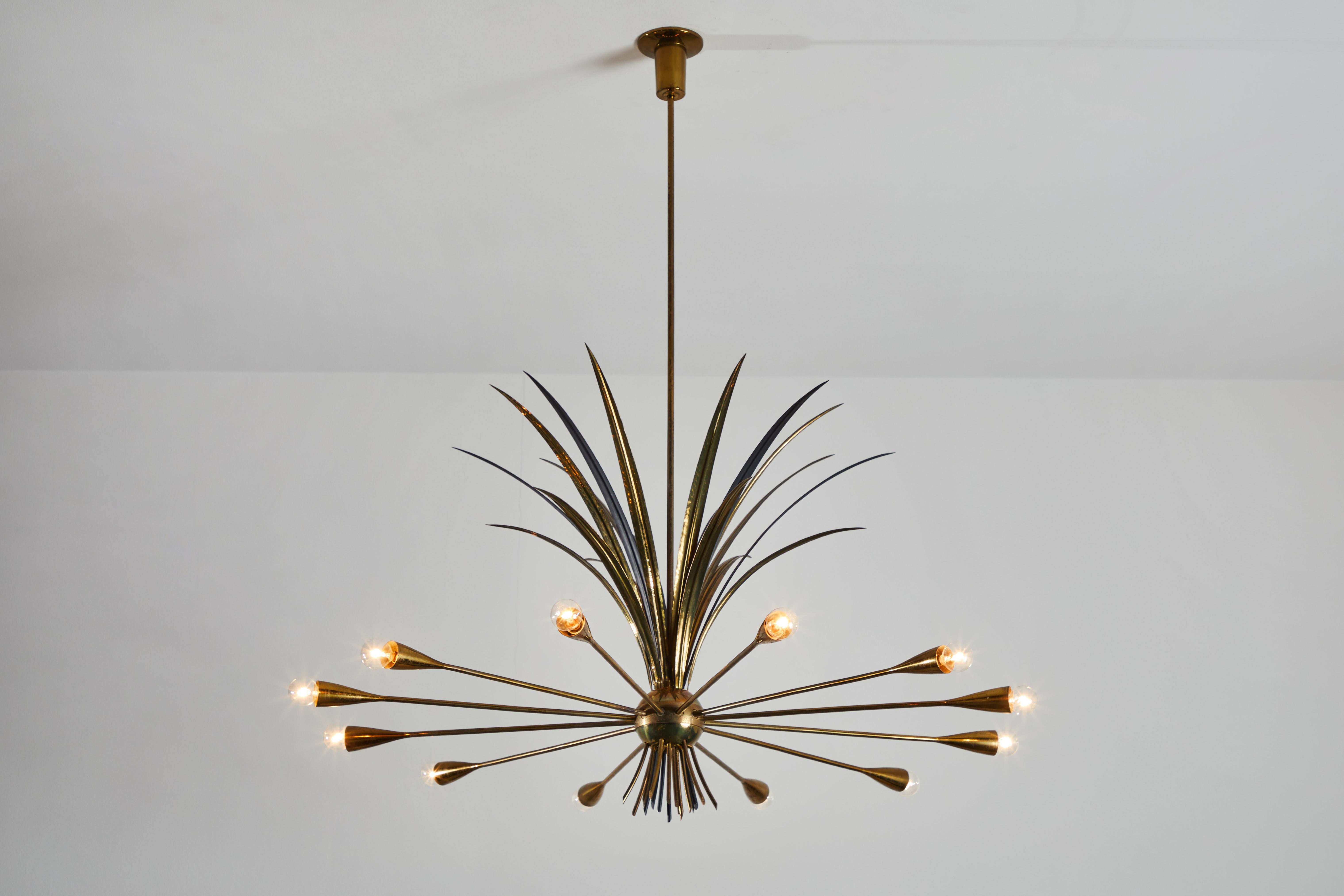 Rare chandelier by Angelo Lelli for Arredoluce. Designed and manufactured in Italy, circa 1950s. Brass, with painted brass. Rewired for U.S. junction boxes. Custom brass ceiling plate. Takes twelve E27 25w maximum candelabra bulbs. Certified by the