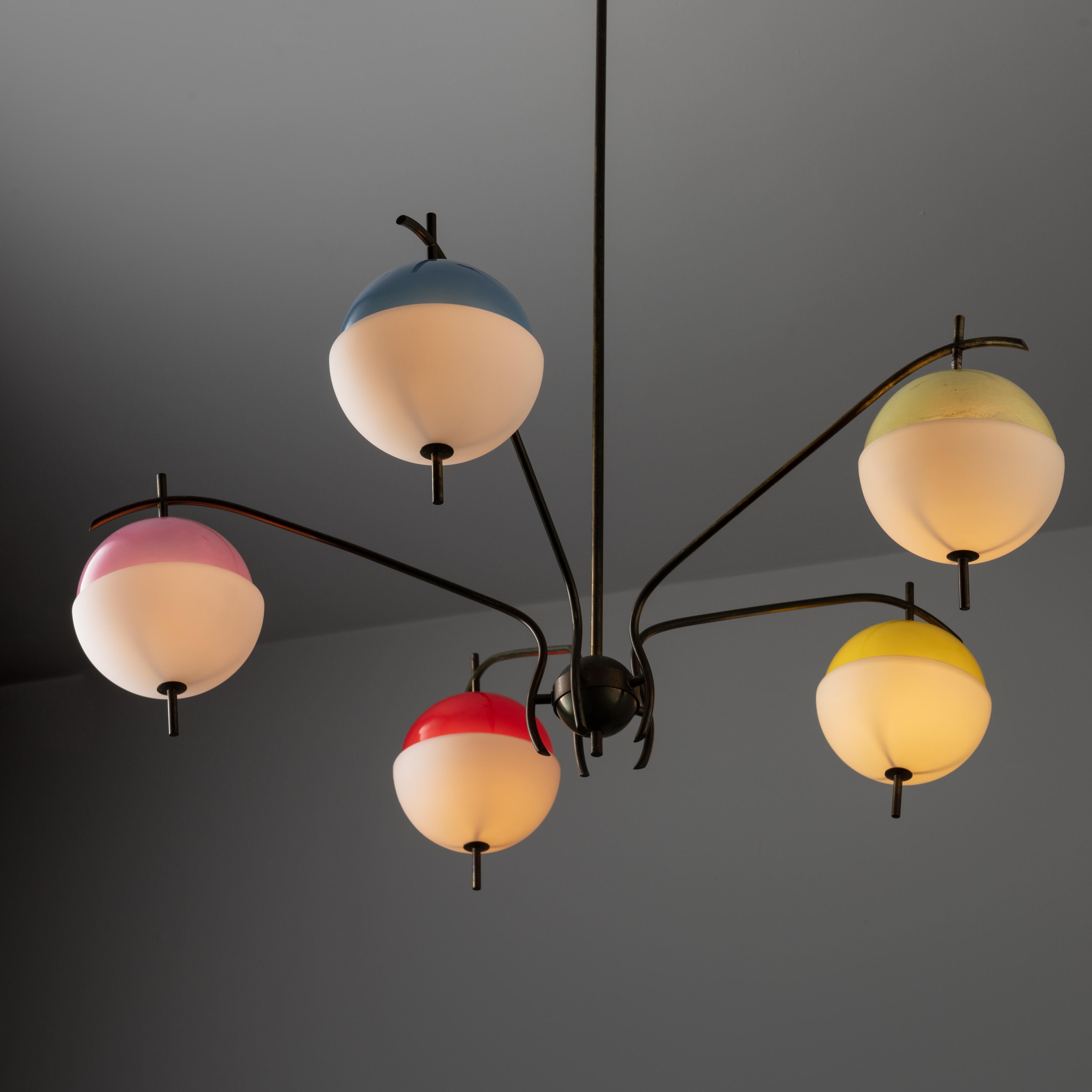 Rare Chandelier by Angelo Lelli for Arredoluce. Designed and manufactured in Italy, circa 1950. Five-arm chandelier with colorful acrylic top half shades and opaline glass bottom diffusers. An almost gothic approach, paired with the playful colors