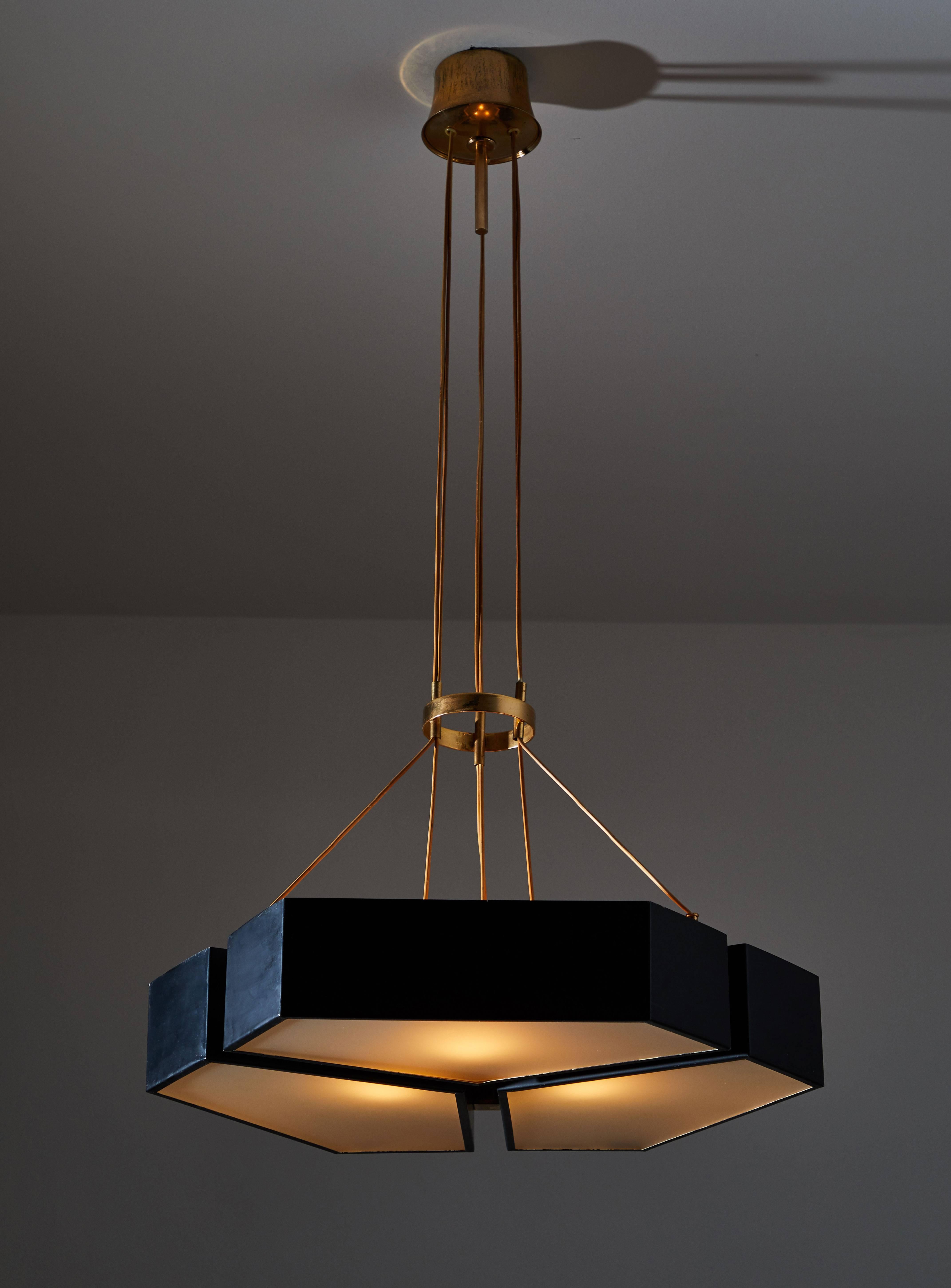 Rare chandelier by Bruno Chiarini. Designed and manufactured in Italy, circa 1950s. Enameled metal, brass hardware and unique opaque glass diffusers. Rewired for US junction boxes. Original canopy. Takes three E27 60w maximum bulbs.