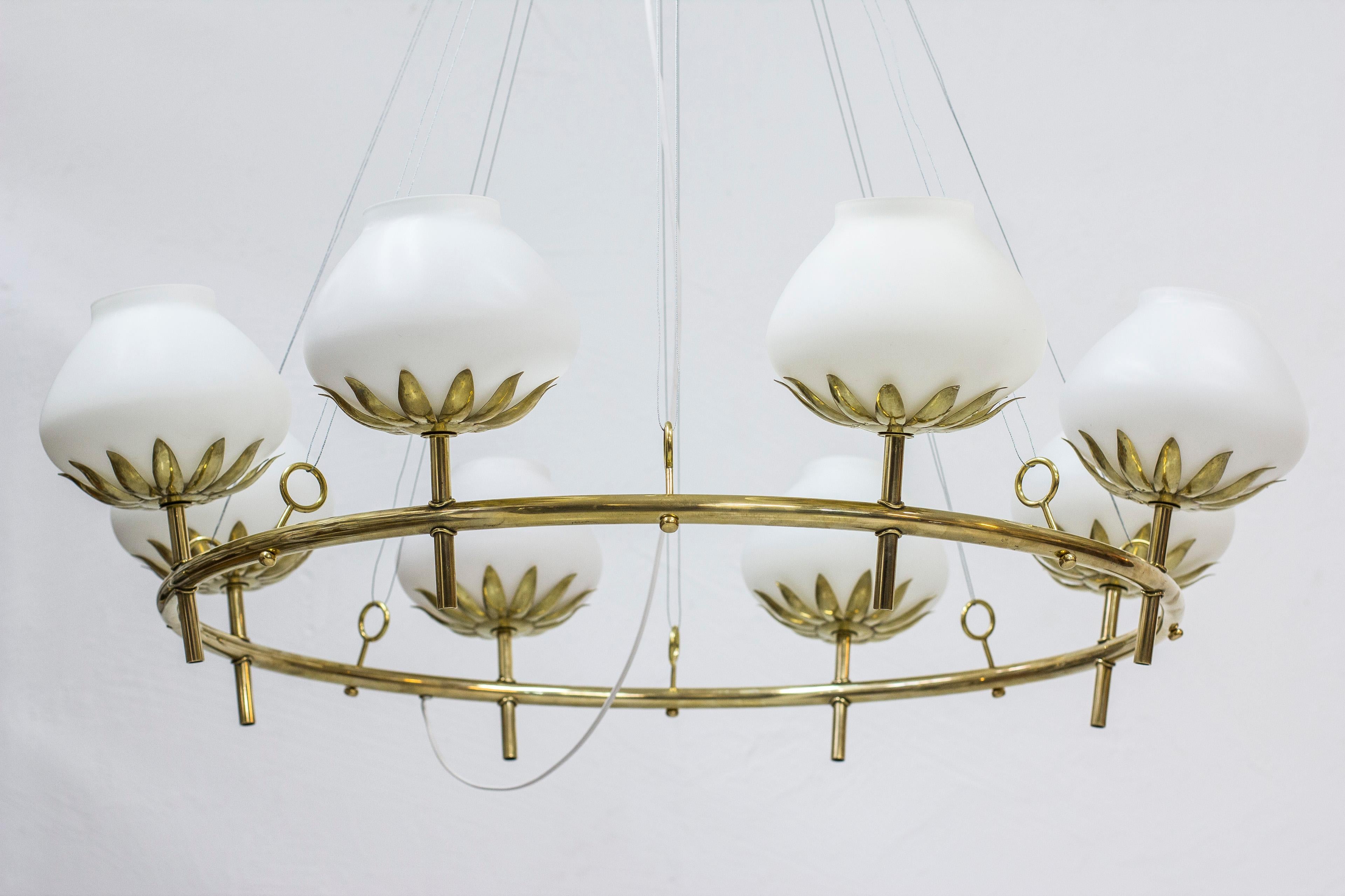 Rare chandelier designed by Hans Bergström. Produced by Ateljé Lyktan during the 1940s. Made from solid polished brass with eight light fixtures with opaline glass shades. Ceiling mount with wire suspension. Very good vintage condition with light