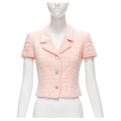 CHANEL 00T Veste courte en tweed rose avec boutons et logo CC vintage, Taille FR38