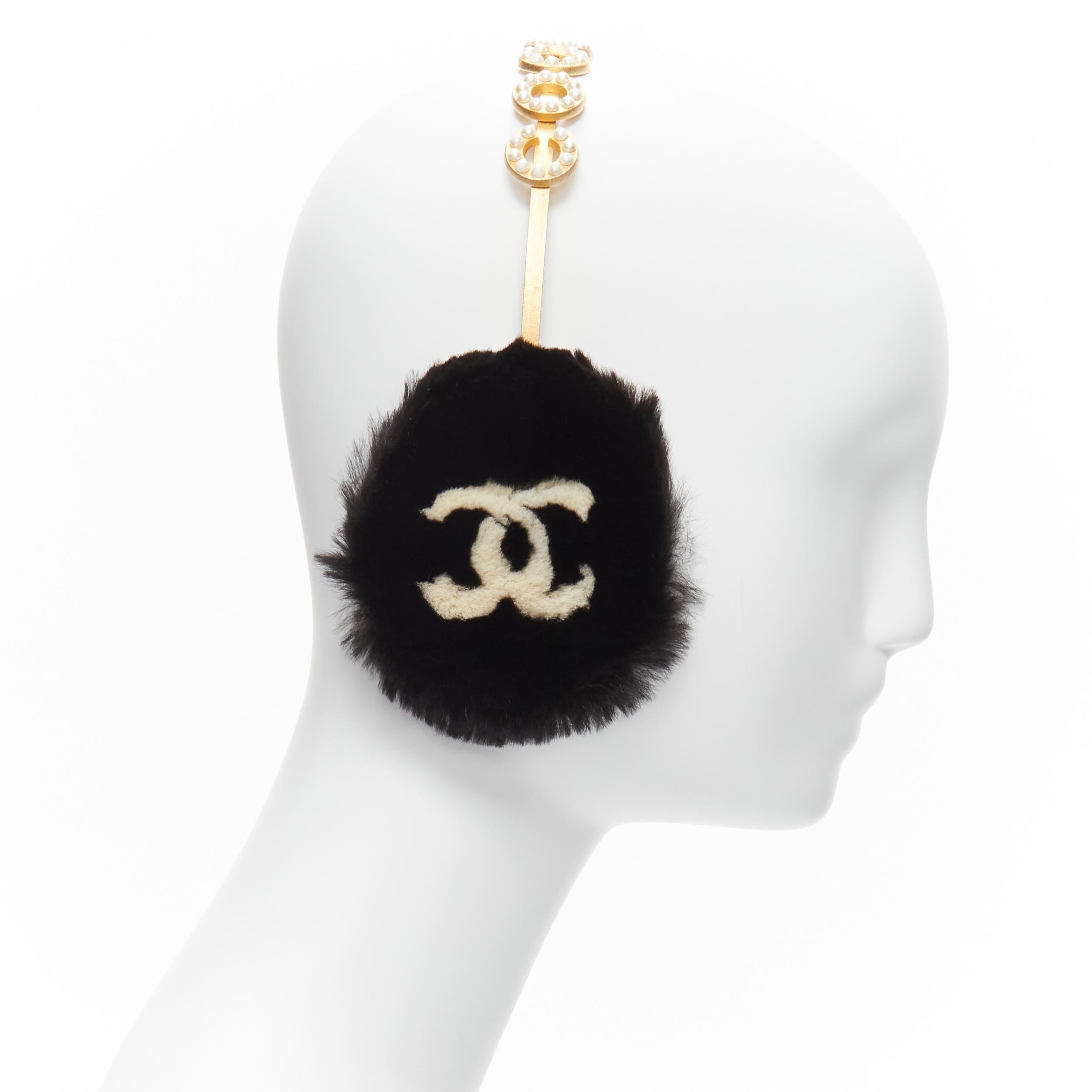rare CHANEL 01A Vintage gold white pearl Coco CC logo black fur ear muff In Good Condition In Hong Kong, NT