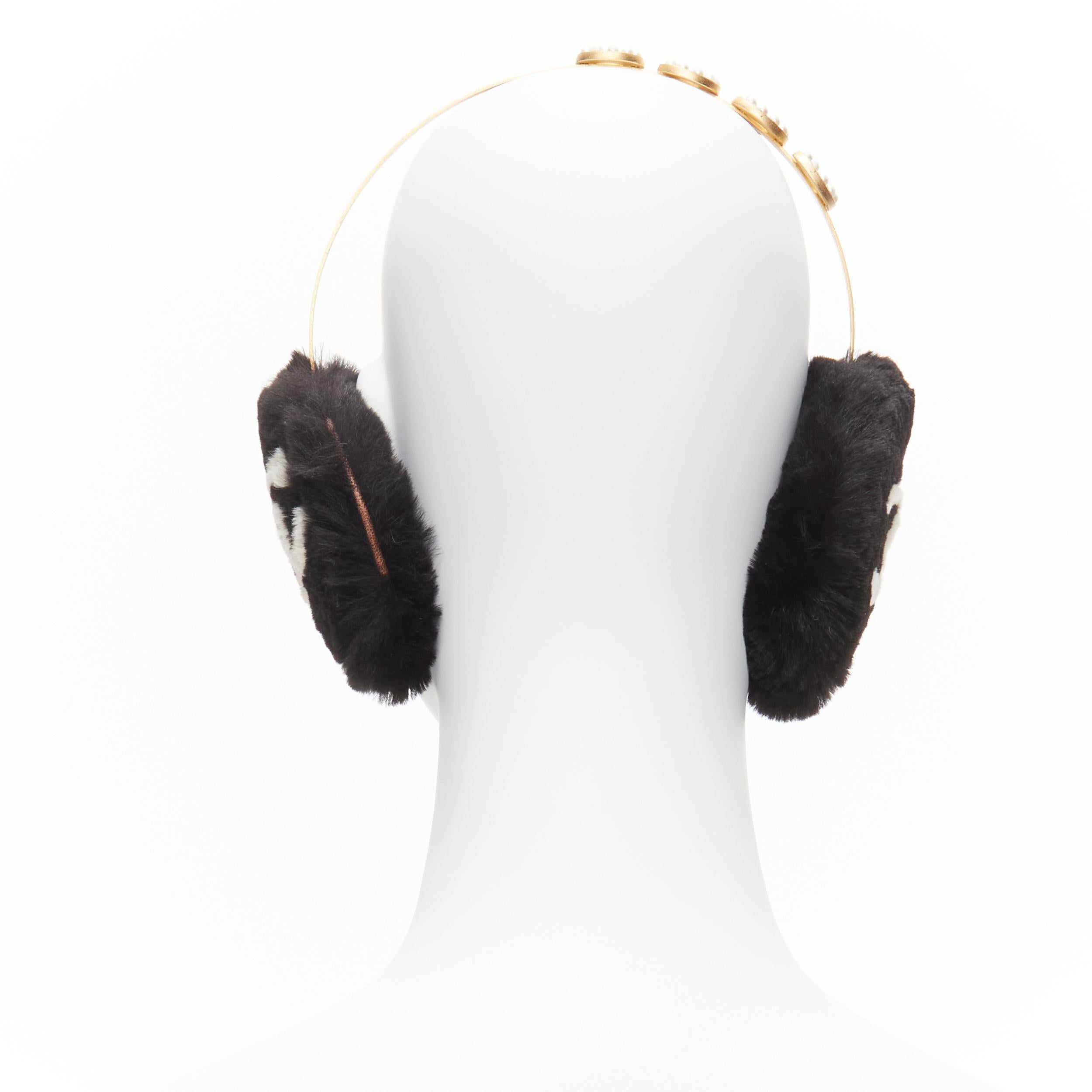 Women's rare CHANEL 01A Vintage gold white pearl Coco CC logo black fur ear muff