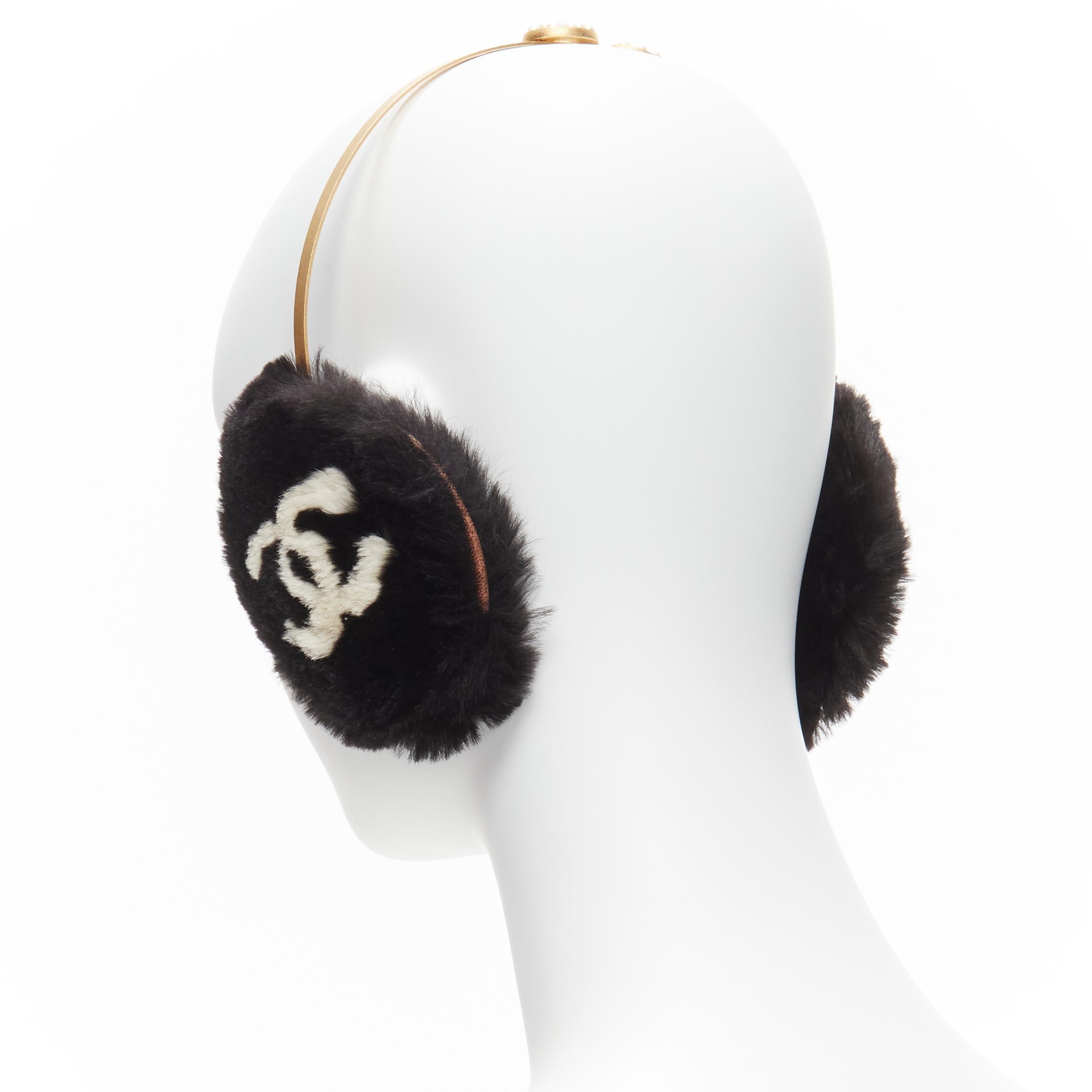 rare CHANEL 01A Vintage gold white pearl Coco CC logo black fur ear muff 1
