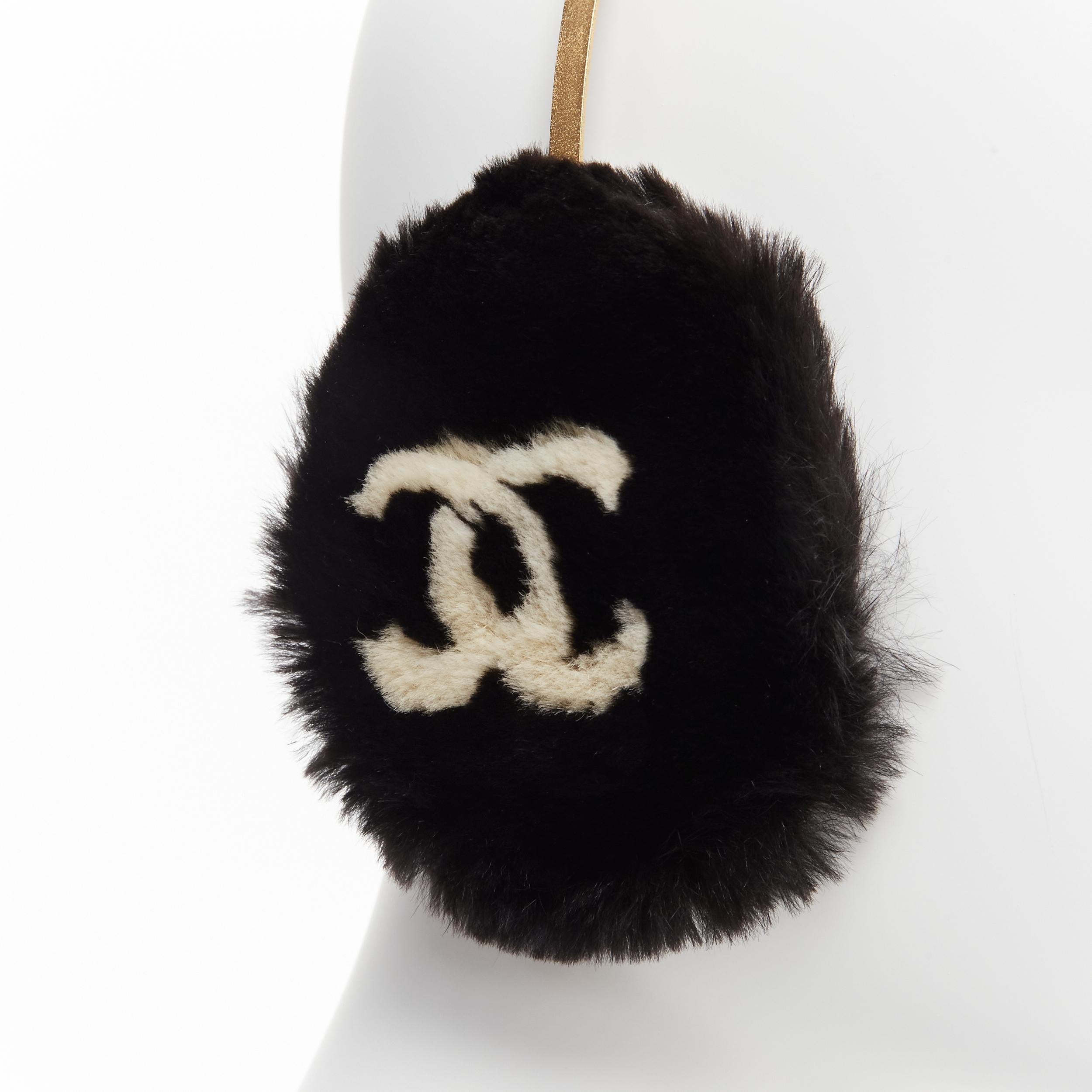 rare CHANEL 01A Vintage gold white pearl Coco CC logo black fur ear muff 2