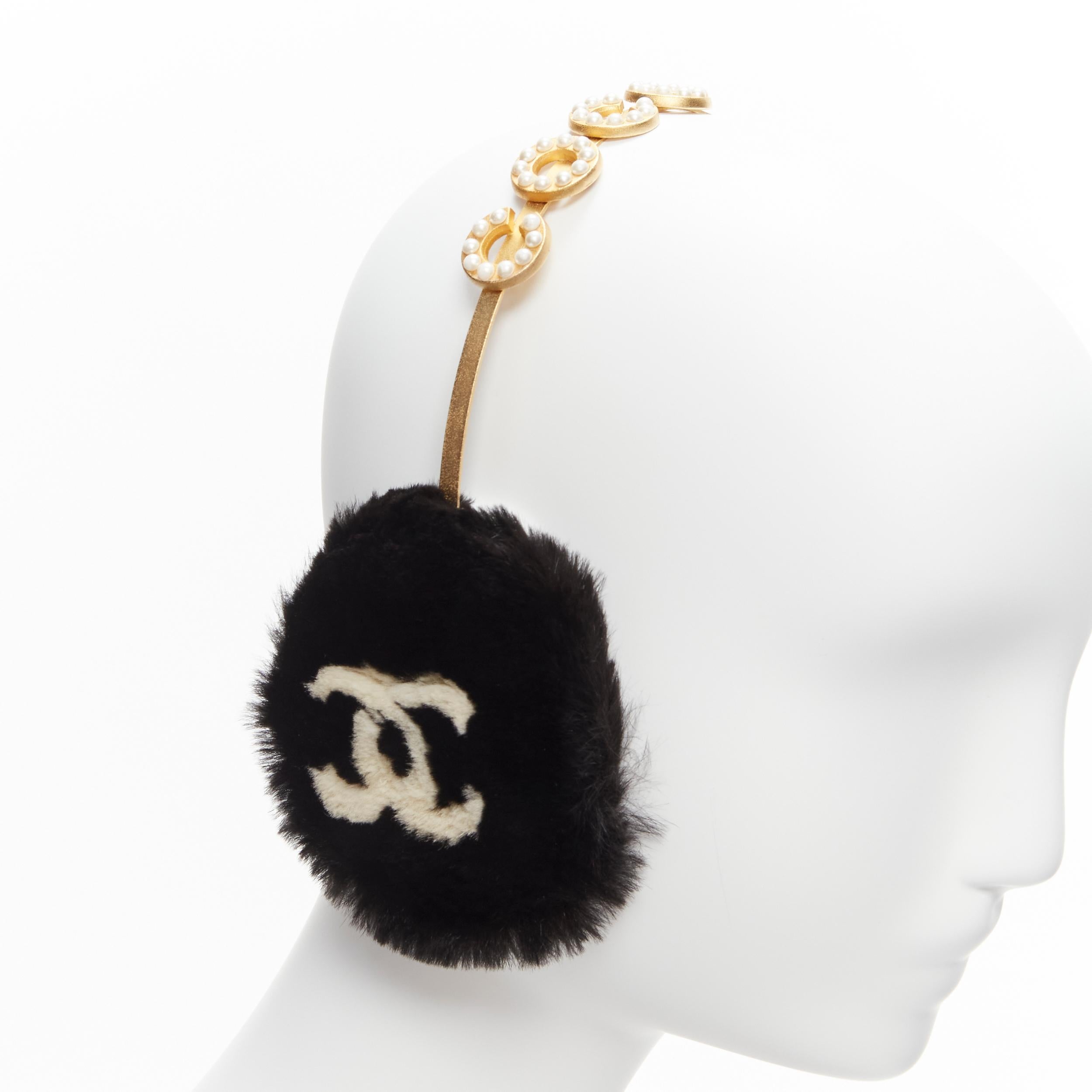 rare CHANEL 01A Vintage gold white pearl Coco CC logo black fur ear muff 3