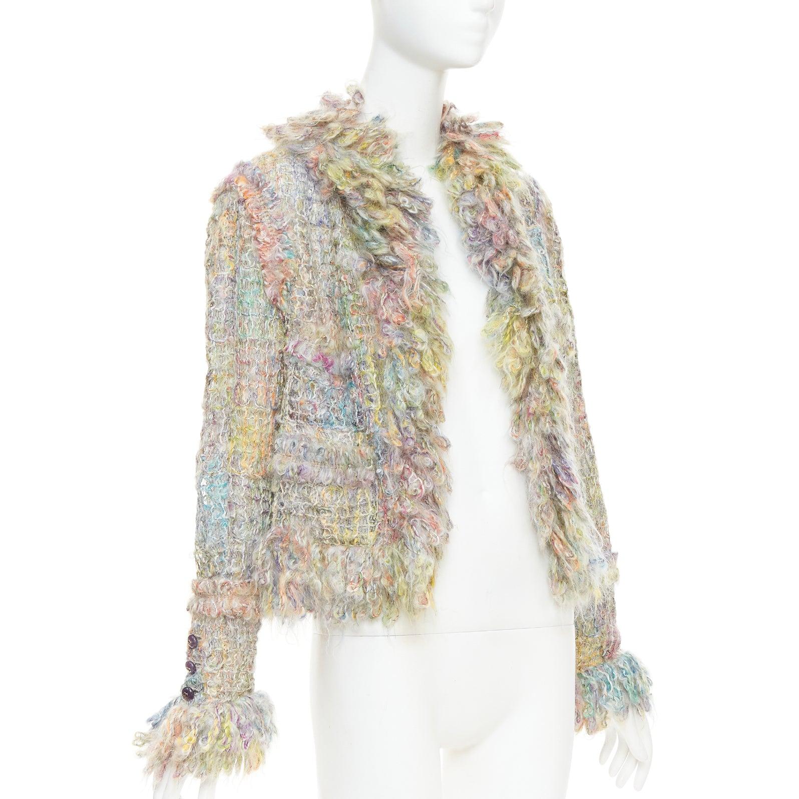 Beige Chanel 03A Runway, giacca multicolore in mohair boucle tweed, FR42 XL in vendita