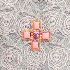 rare CHANEL 04C Vintage CC Byzantine Gripoix applique Camellia lace top FR38 M