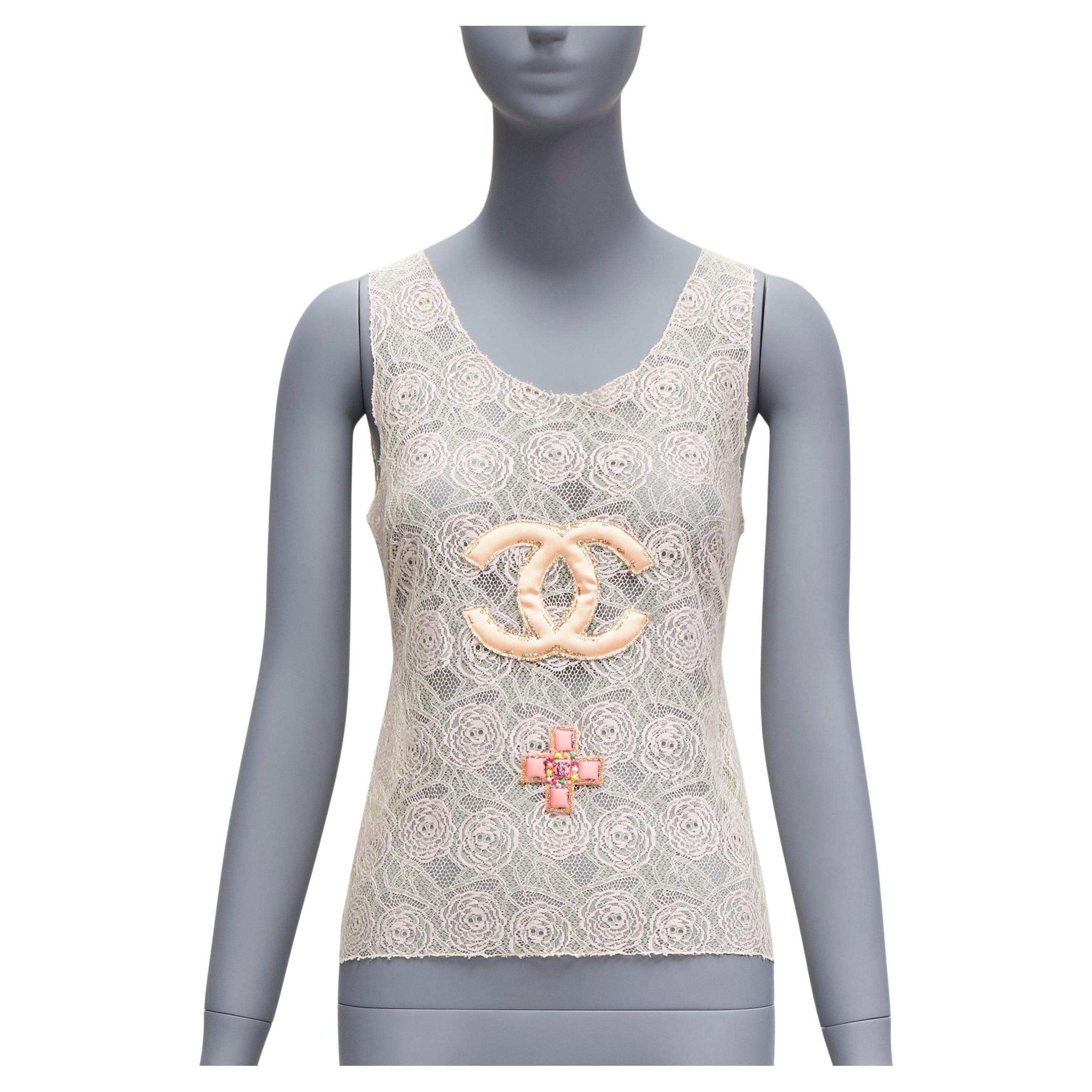 rare CHANEL 04C Vintage CC Byzantine Gripoix applique Camellia lace top FR38 M For Sale