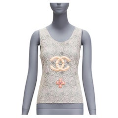 raro CHANEL 04C Vintage CC Bizantina Gripoix apliques Camelia top de encaje FR38 M