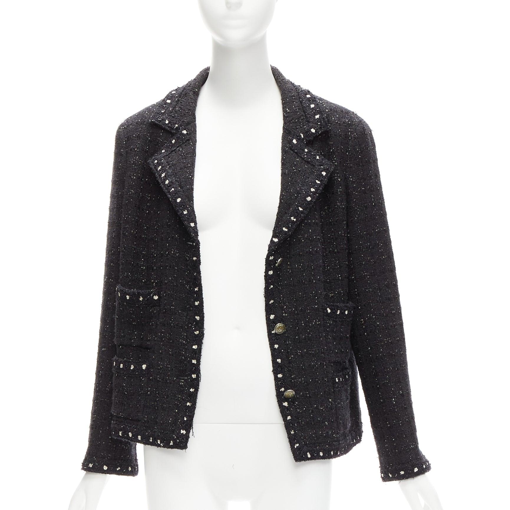 rare CHANEL 05A Fantasy Tweed CC button 4 pocket little black jacket FR44 2XL
Reference: TGAS/D00931
Brand: Chanel
Designer: Karl Lagerfeld
Model: Fantasy Tweed
Collection: 05A - Runway
Material: Tweed
Color: Black, Silver
Pattern: Tweed
Closure: