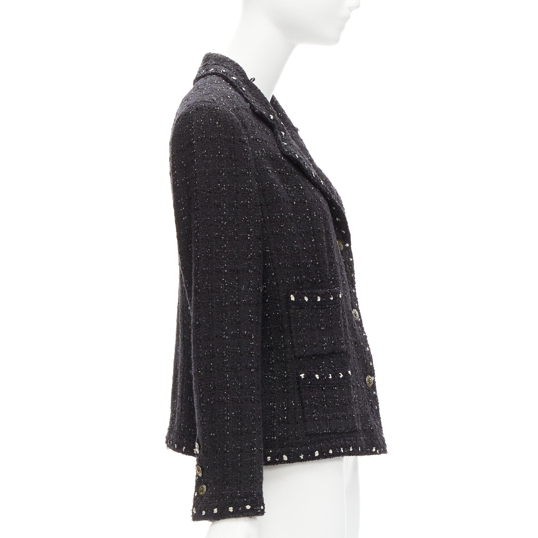 Donna raro Chanel 05A Fantasy Tweed CC bottone 4 tasche piccola giacca nera FR44 2XL in vendita