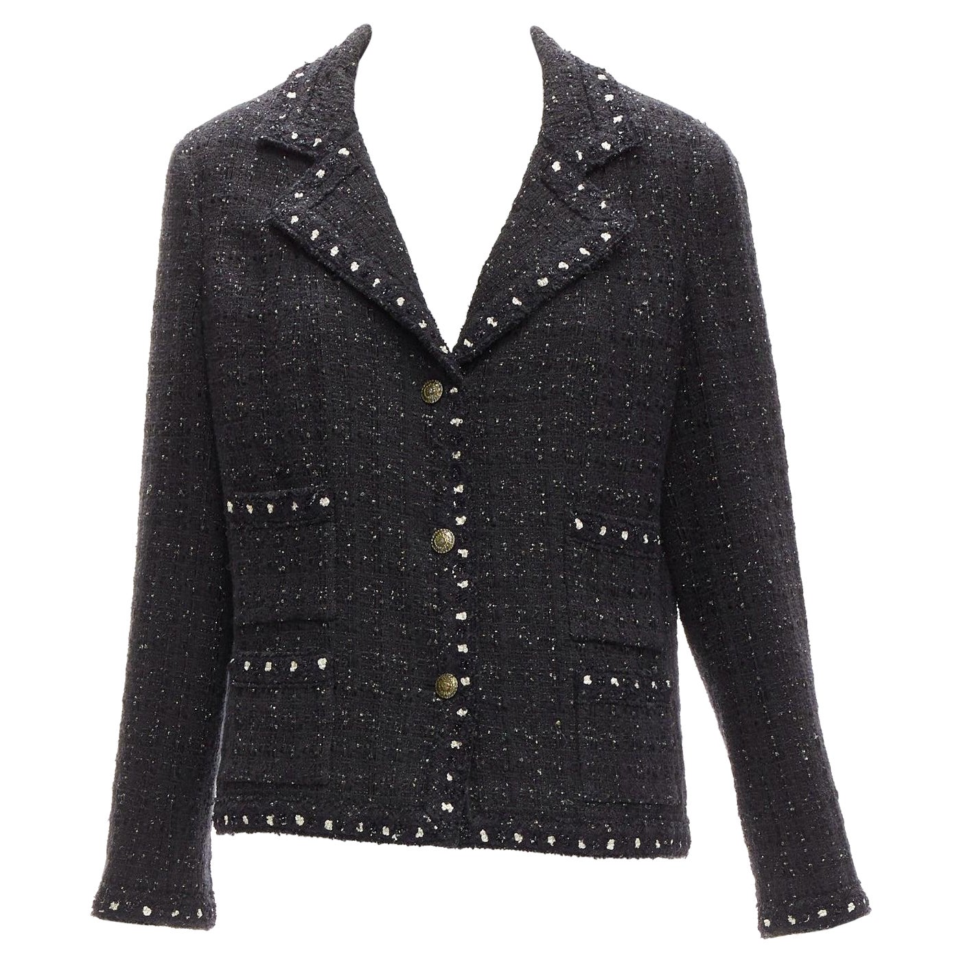 rara CHANEL 05A Fantasía Tweed CC botón 4 bolsillo pequeña chaqueta negro FR44 2XL
