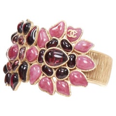 rare CHANEL 07A pink purple gripoix glass flower CC gold tone cuff bracelet