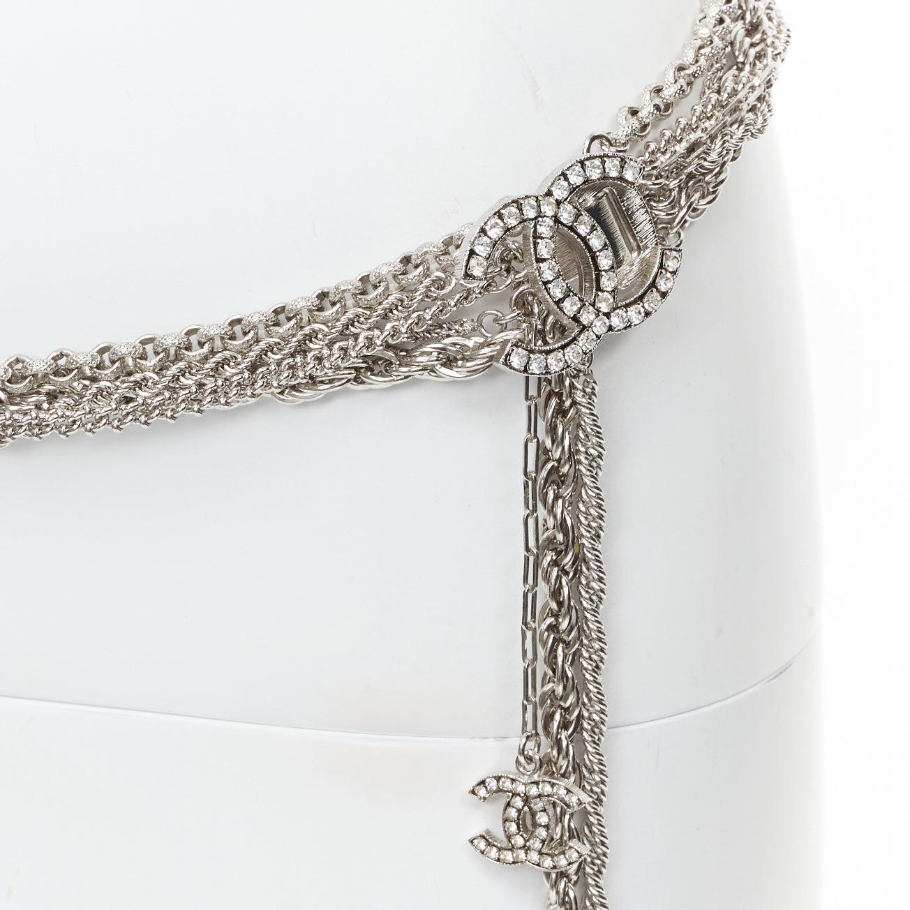 Silver rare CHANEL 08A silver tone crystal CC logo layered multi chain charm belt