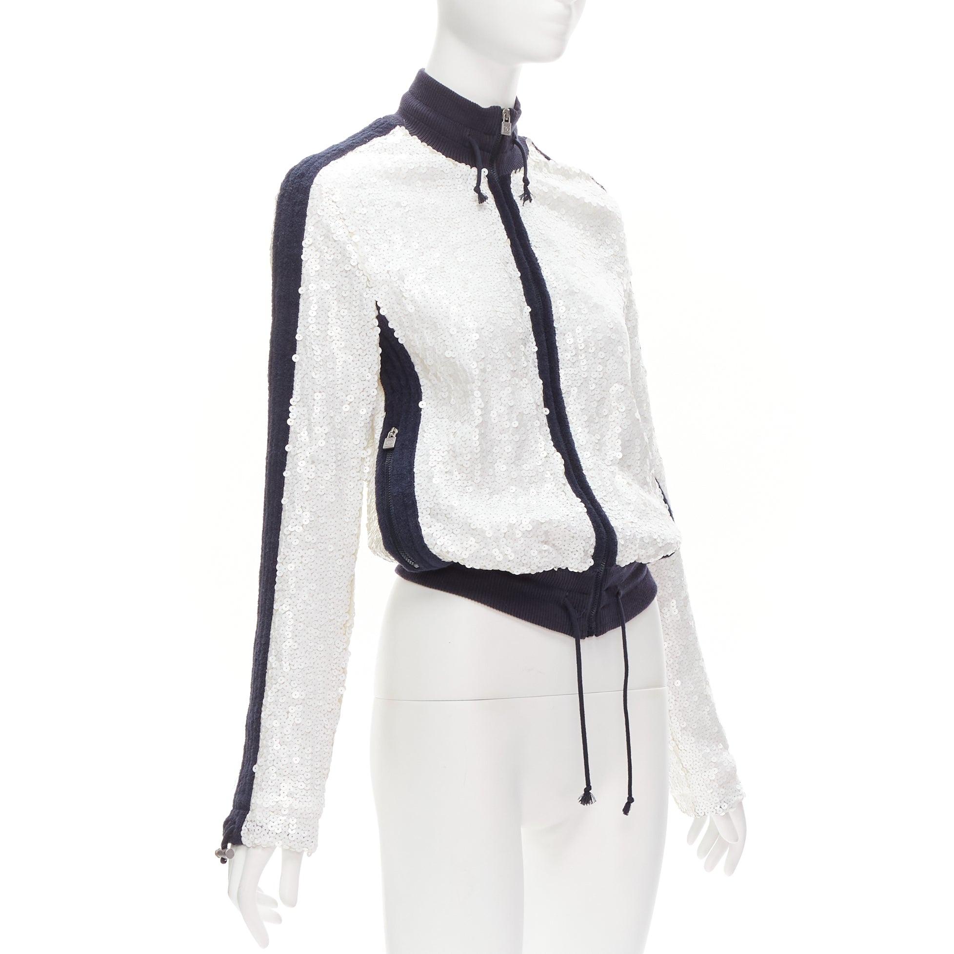 rare CHANEL 08C SPORTS white sequins black trim track jacket FR38 M In Excellent Condition For Sale In Hong Kong, NT