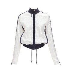 rare CHANEL 08C SPORTS white sequins black trim track jacket FR38 M