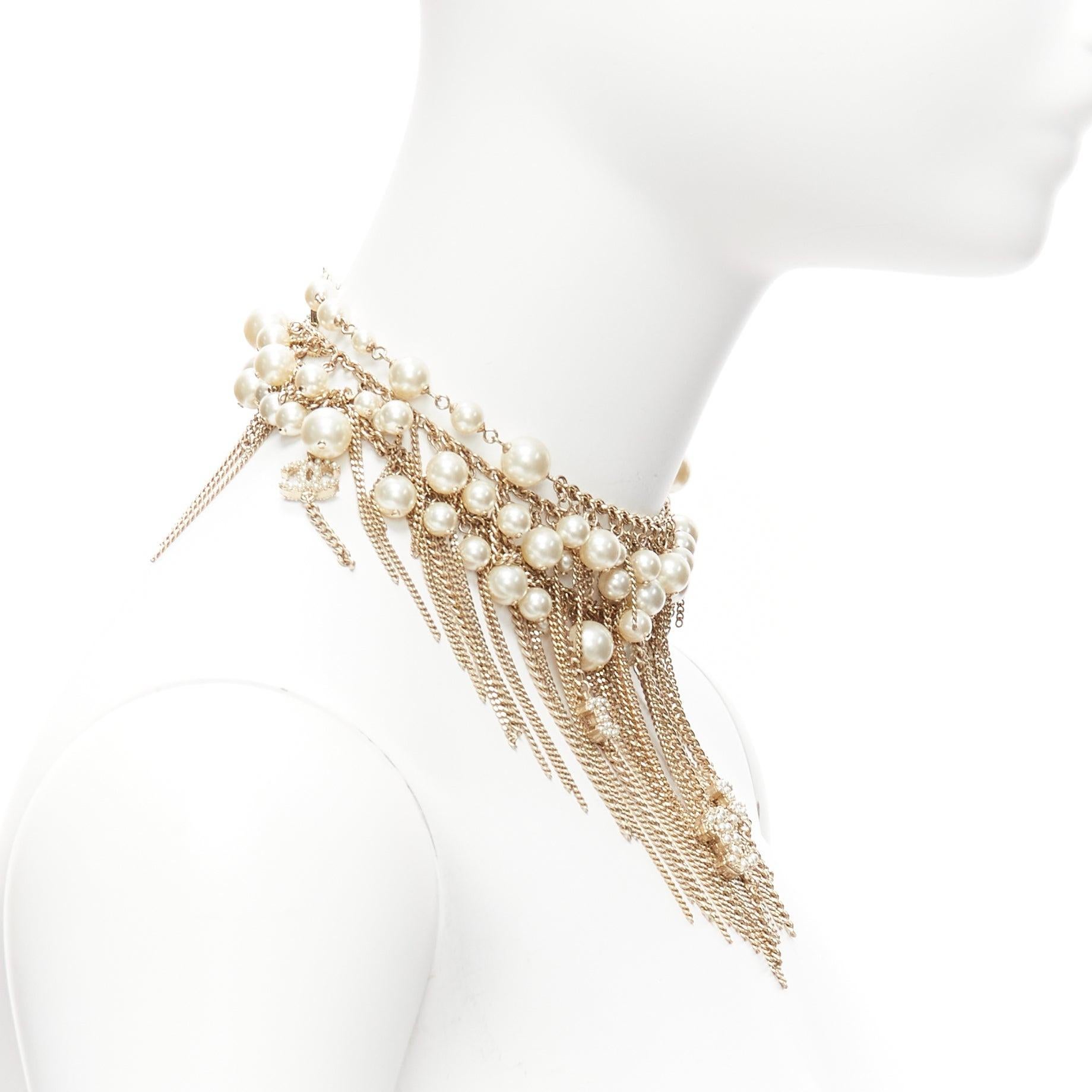 Women's rare CHANEL 10P faux pearl CC logo charm chain fringe wrap necklace