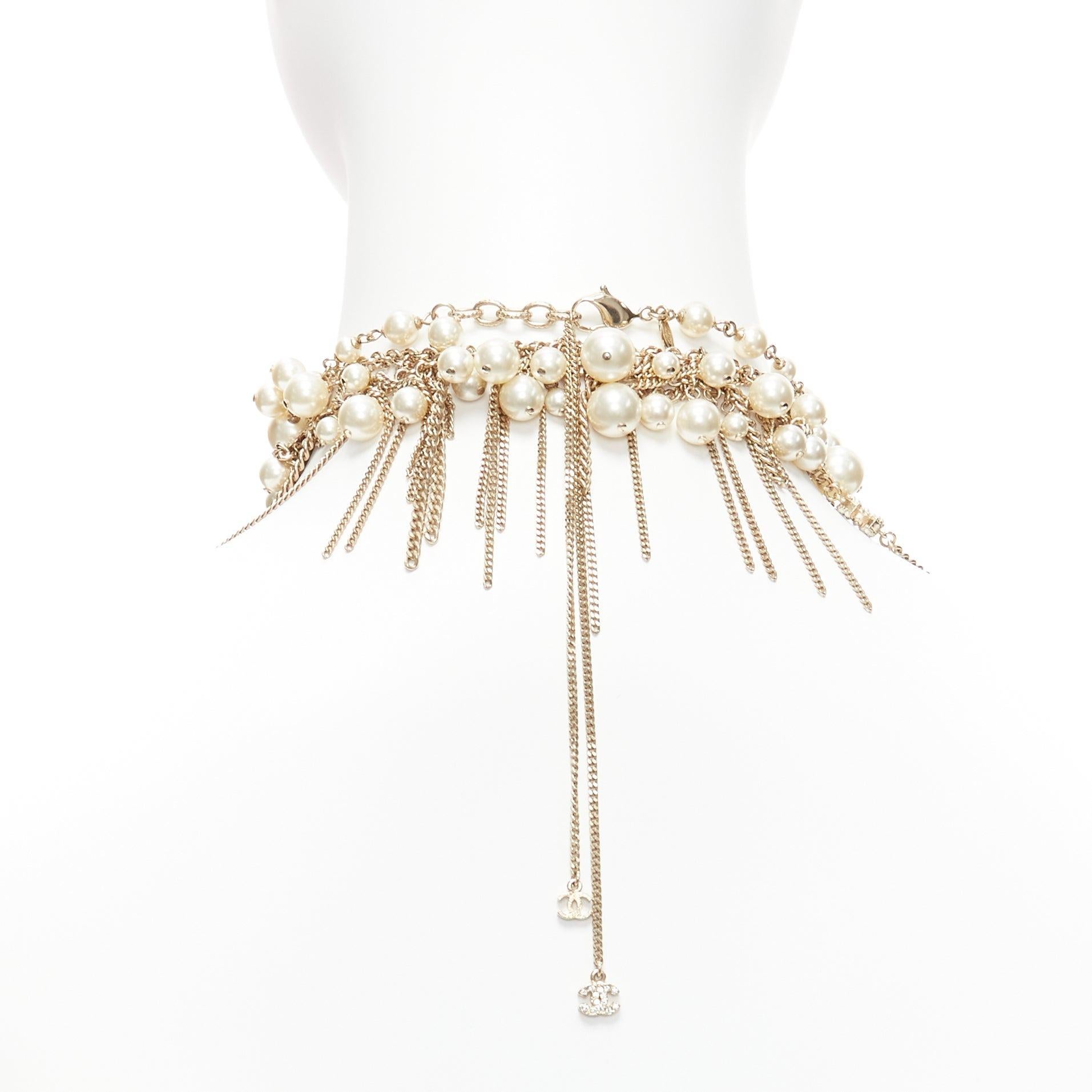 rare CHANEL 10P faux pearl CC logo charm chain fringe wrap necklace 1