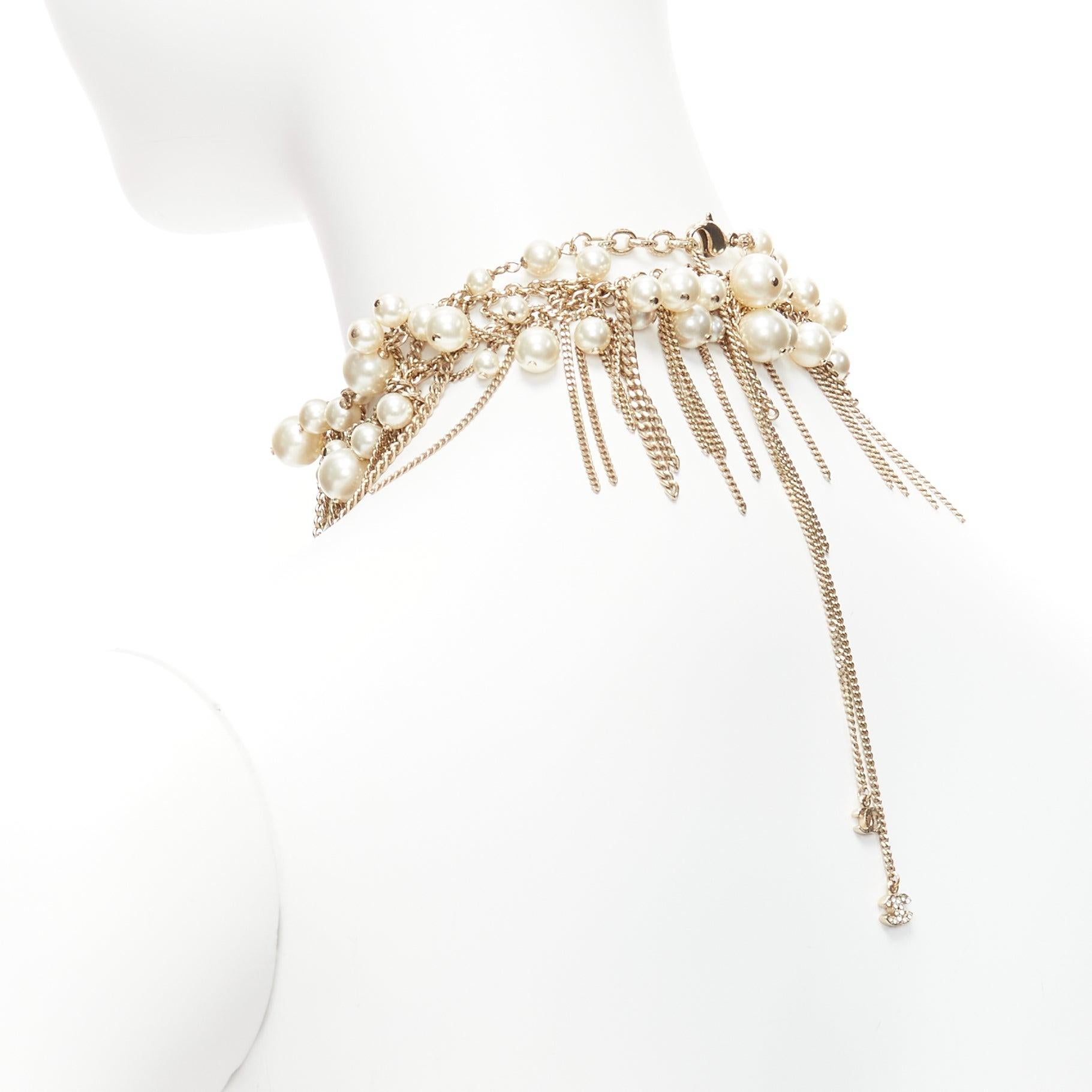 rare CHANEL 10P faux pearl CC logo charm chain fringe wrap necklace 2