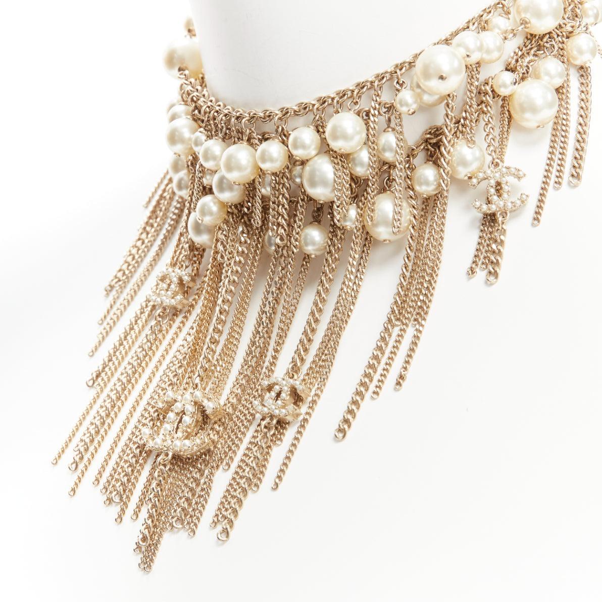 rare CHANEL 10P faux pearl CC logo charm chain fringe wrap necklace 3