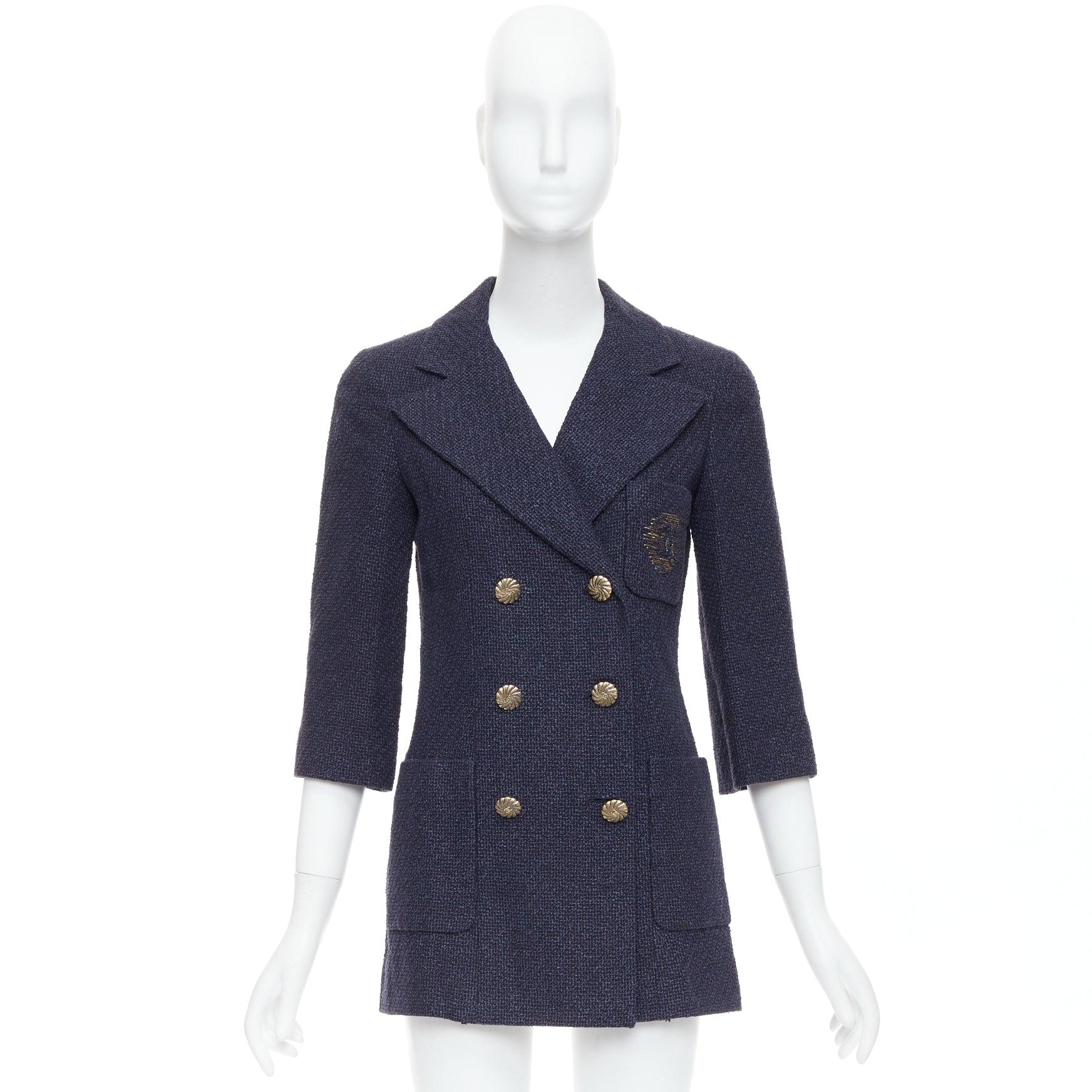 CHANEL 12P doré bleu marine tweed à poches doubles CC FR38 M en vente 5