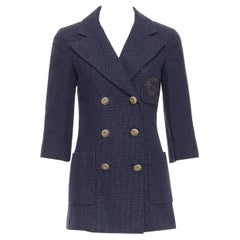 rara CHANEL 12P oro tweed azul marino CC bolsillo doble pecho chaqueta colegial FR38 M