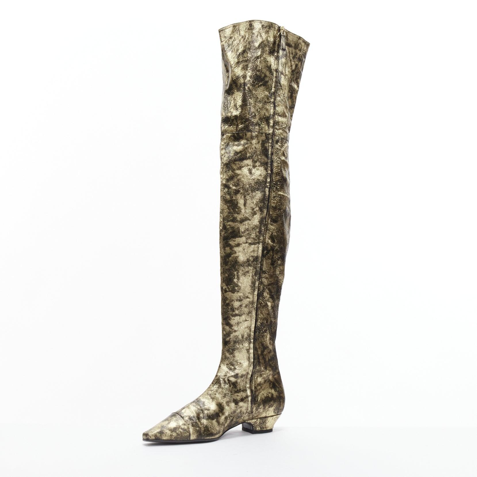 Women's rare CHANEL 18A Runway gold CC leather over knee long boots EU38.5