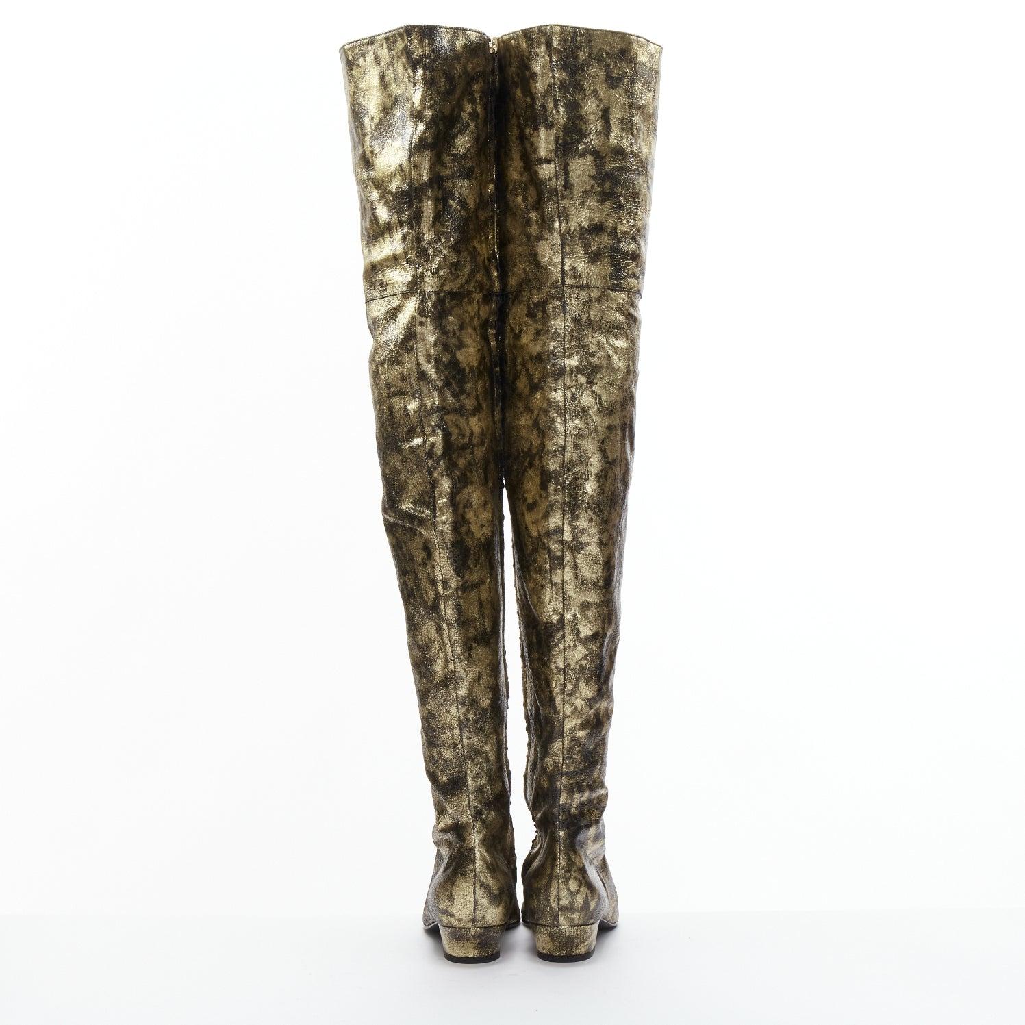 rare CHANEL 18A Runway gold CC leather over knee long boots EU38.5 1