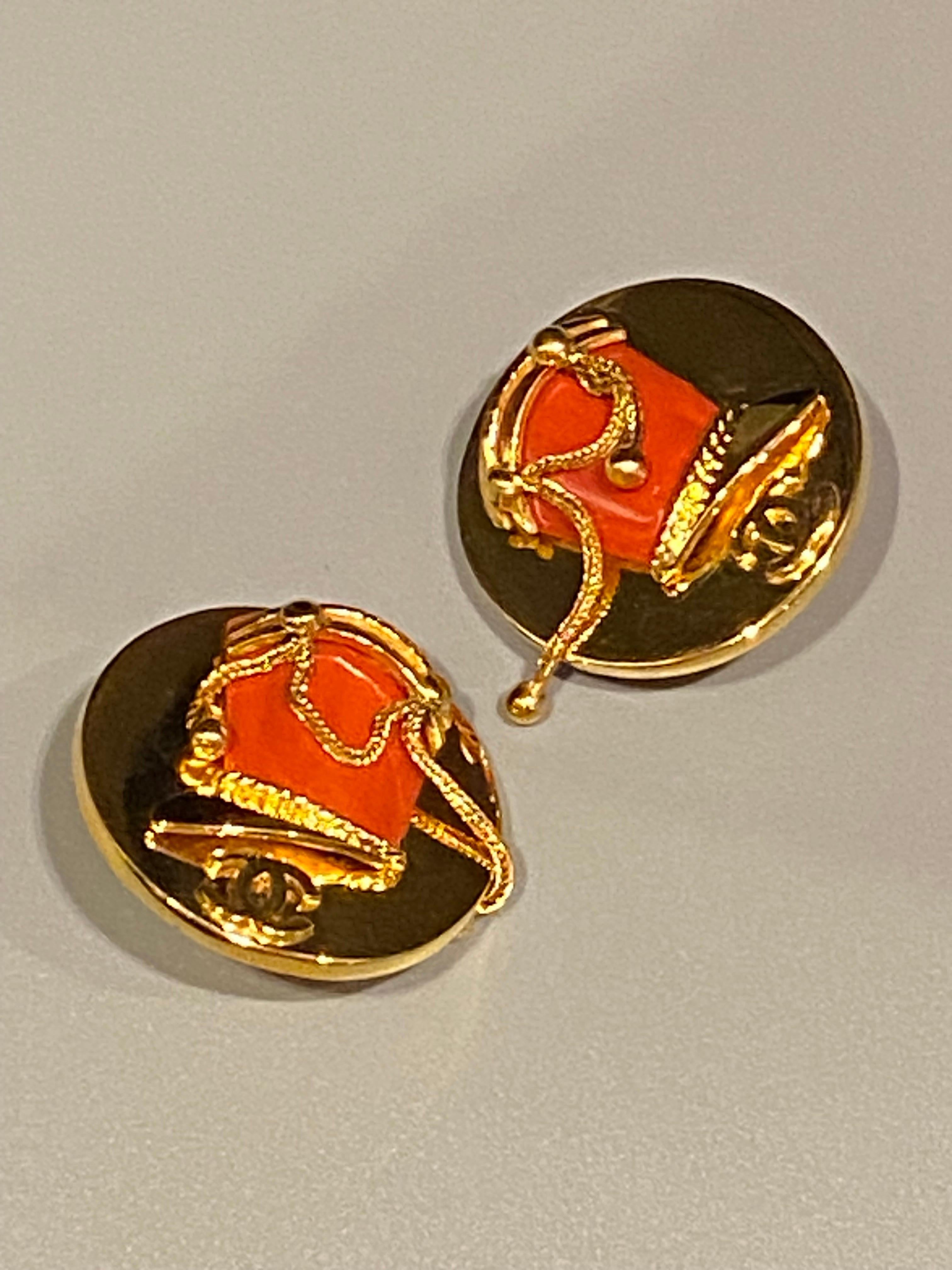 Rare Chanel 1970s French Military Hat Red Enamel Earrings 6