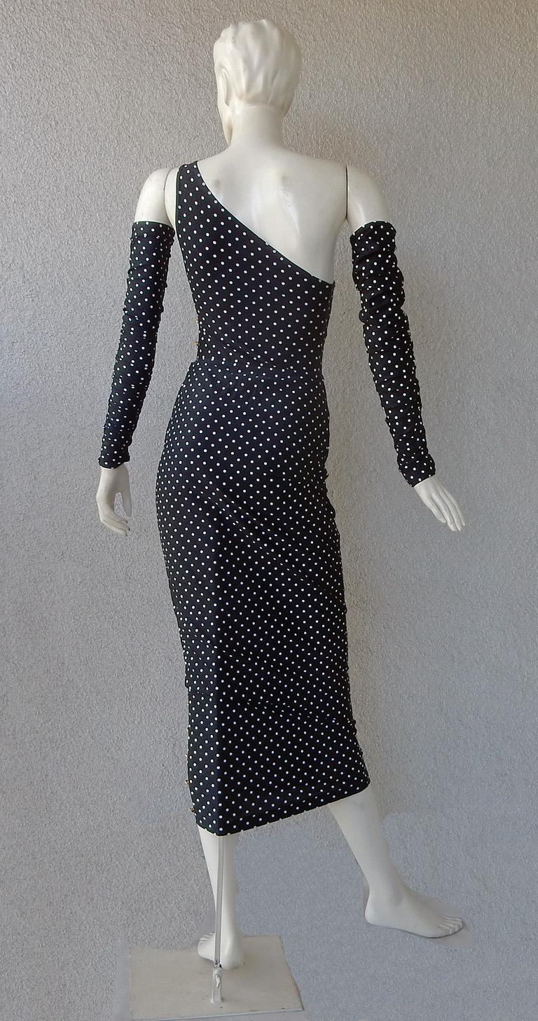 Gray Rare Chanel 1989 Polka-Dot Single Shoulder Swimsuit, Ruched Sleeves w/Skirt