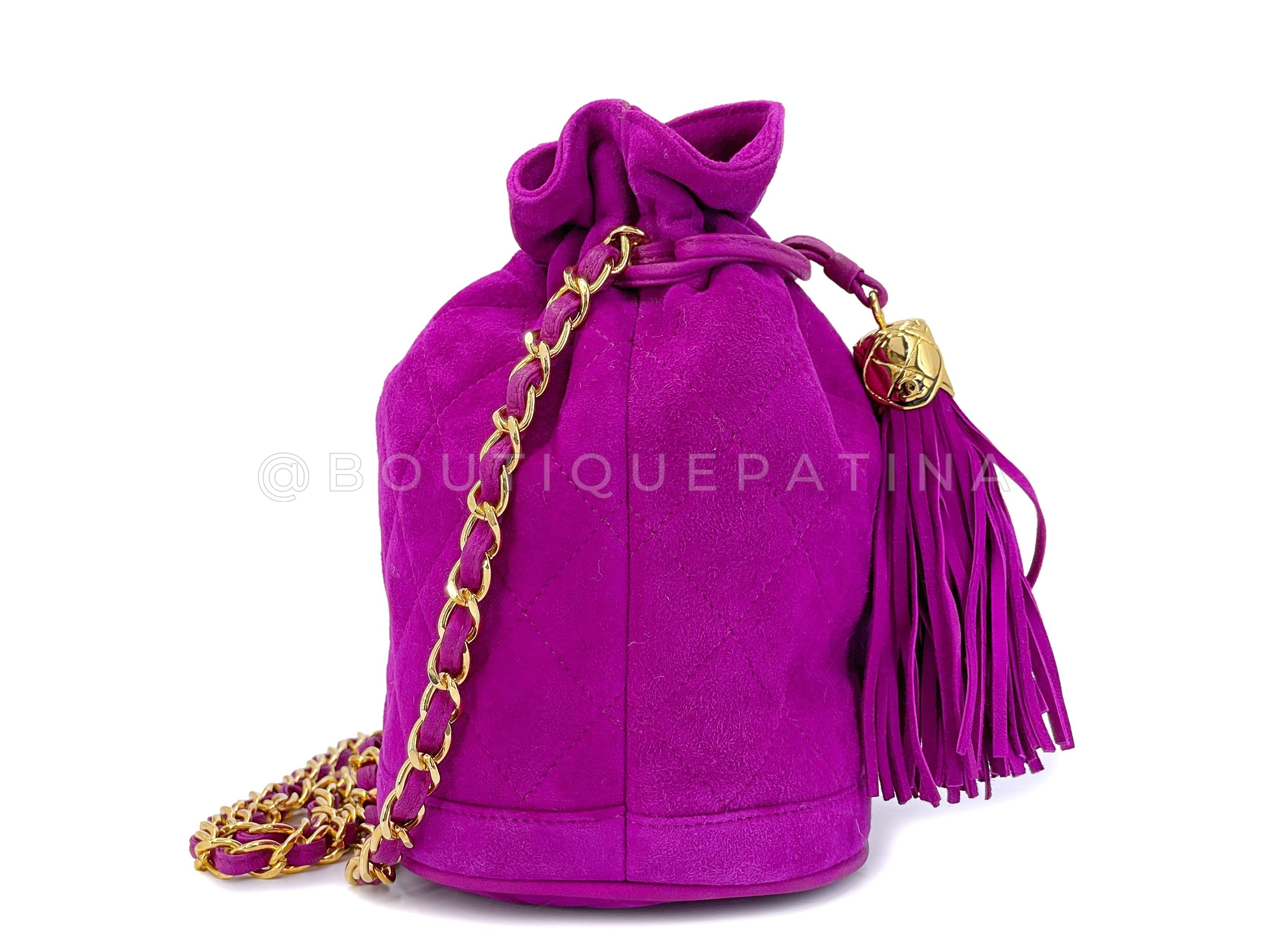 Rare Chanel 1990 Pink-Purple Suede Mini Drawstring Bucket Bag 24k GHW 67450 In Excellent Condition For Sale In Costa Mesa, CA
