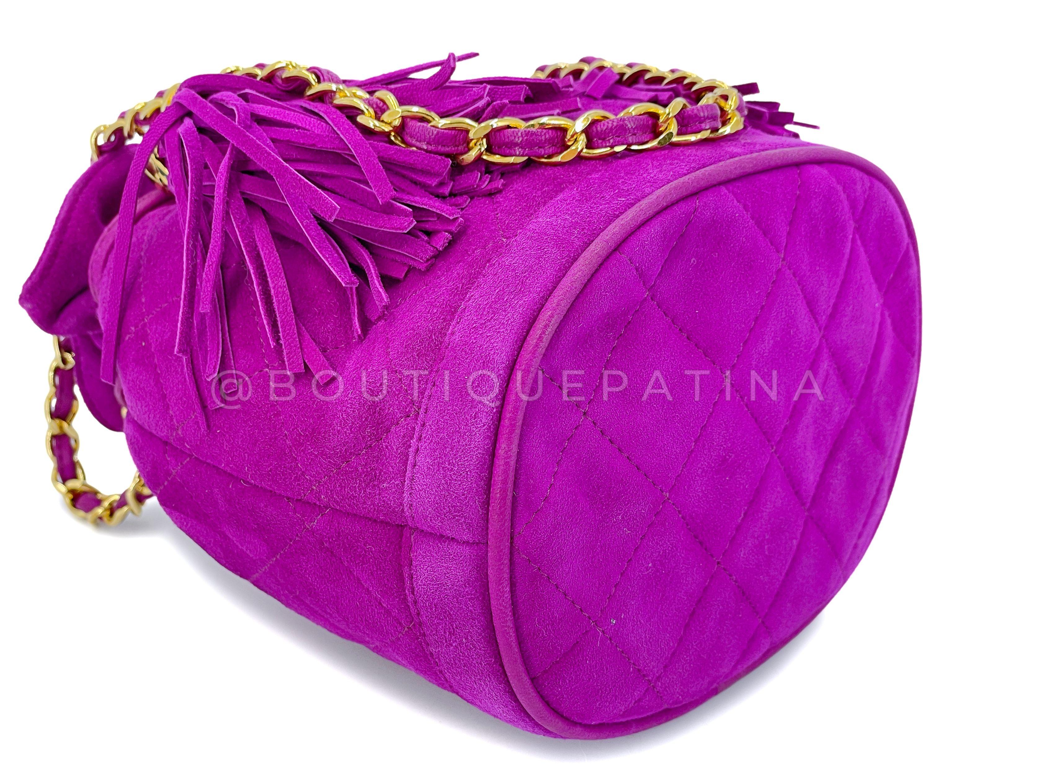Rare Chanel 1990 Pink-Purple Suede Mini Drawstring Bucket Bag 24k GHW 67450 For Sale 2