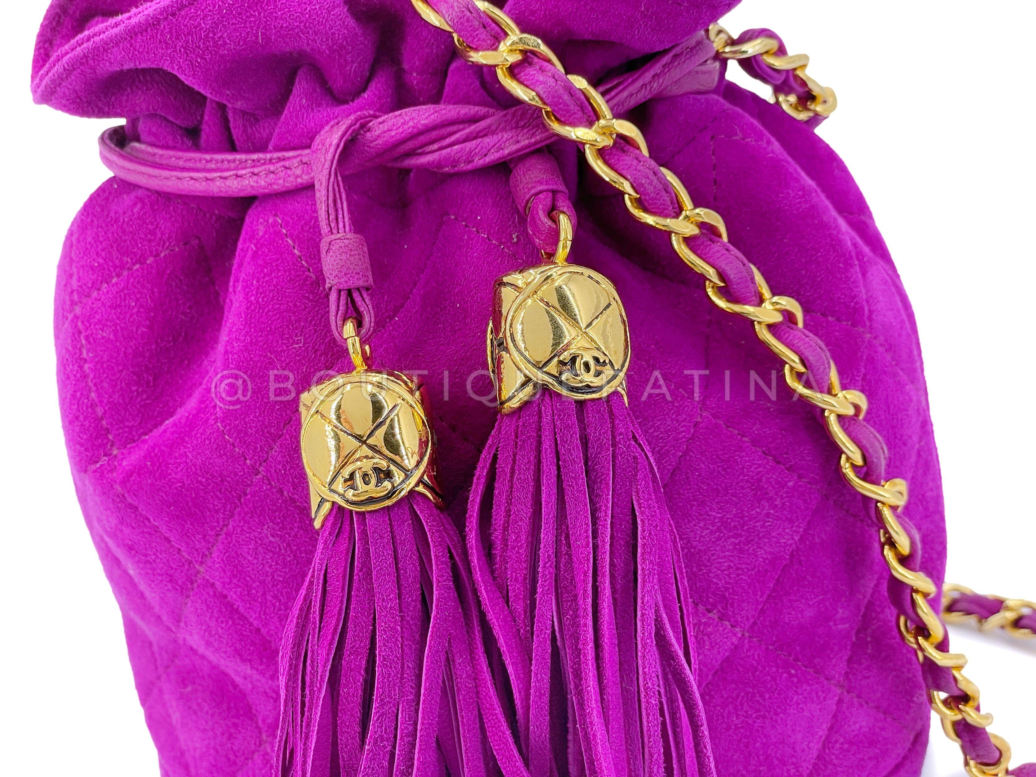 Rare Chanel 1990 Pink-Purple Suede Mini Drawstring Bucket Bag 24k GHW 67450 For Sale 3
