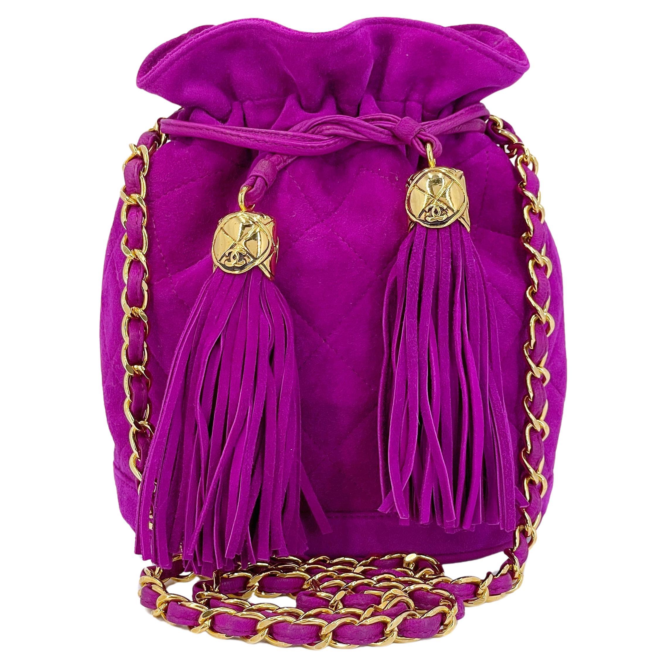 Rare Chanel 1990 Pink-Purple Suede Mini Drawstring Bucket Bag 24K GHW 67450