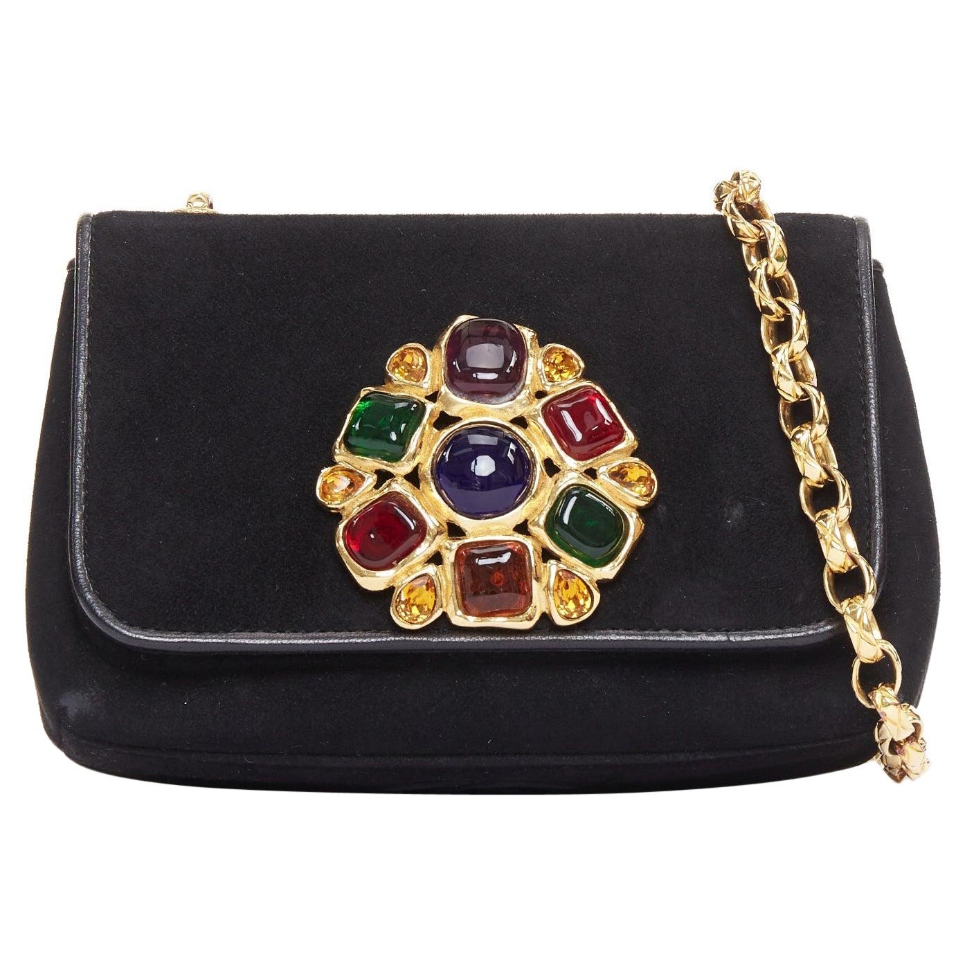 seltene CHANEL 1990s Vintage schwarz Wildleder Gripoix schwarz gold Kette Crossbody Tasche