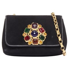 rare CHANEL 1990 Vintage suede noir Gripoix sac crossbody chaîne or noir
