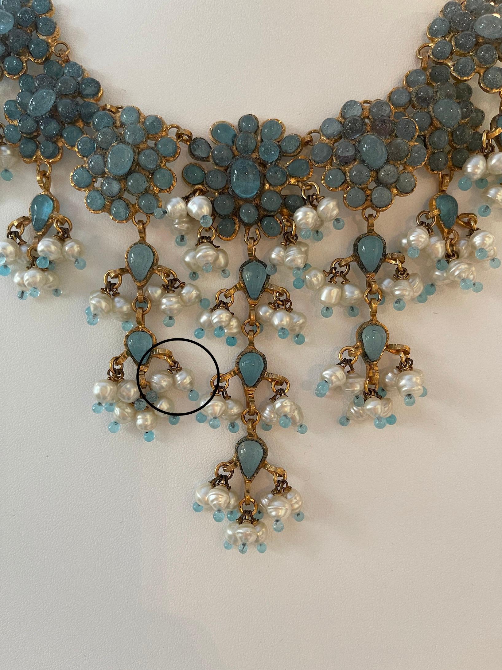 Rare Chanel 1990s’s Vintage Blue Gripoix & Faux Pearl Statement Necklace 1