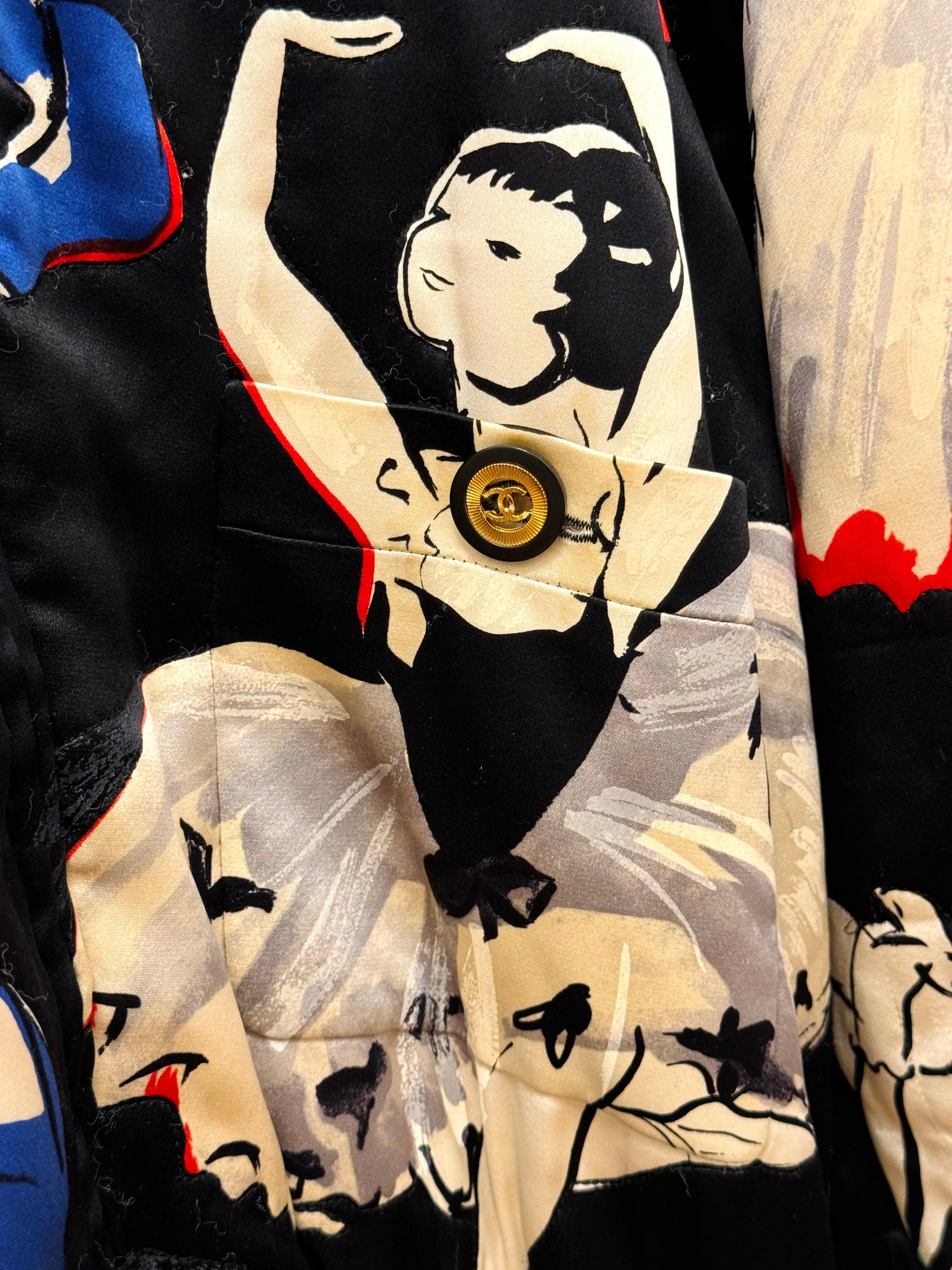 Seltene Chanel 1991 Hip Hop Kollektion Bomberjacke aus Seide mit Ballerina-Druck im Angebot 2
