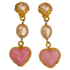 Rare Chanel 1992 Gripoix pink heart clip on dangle earrings