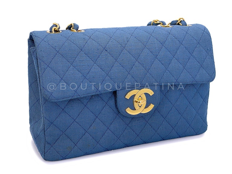 Rare Chanel 1994 Vintage Dark Blue Linen Canvas Classic Maxi Flap 24k GHW  67778 For Sale at 1stDibs