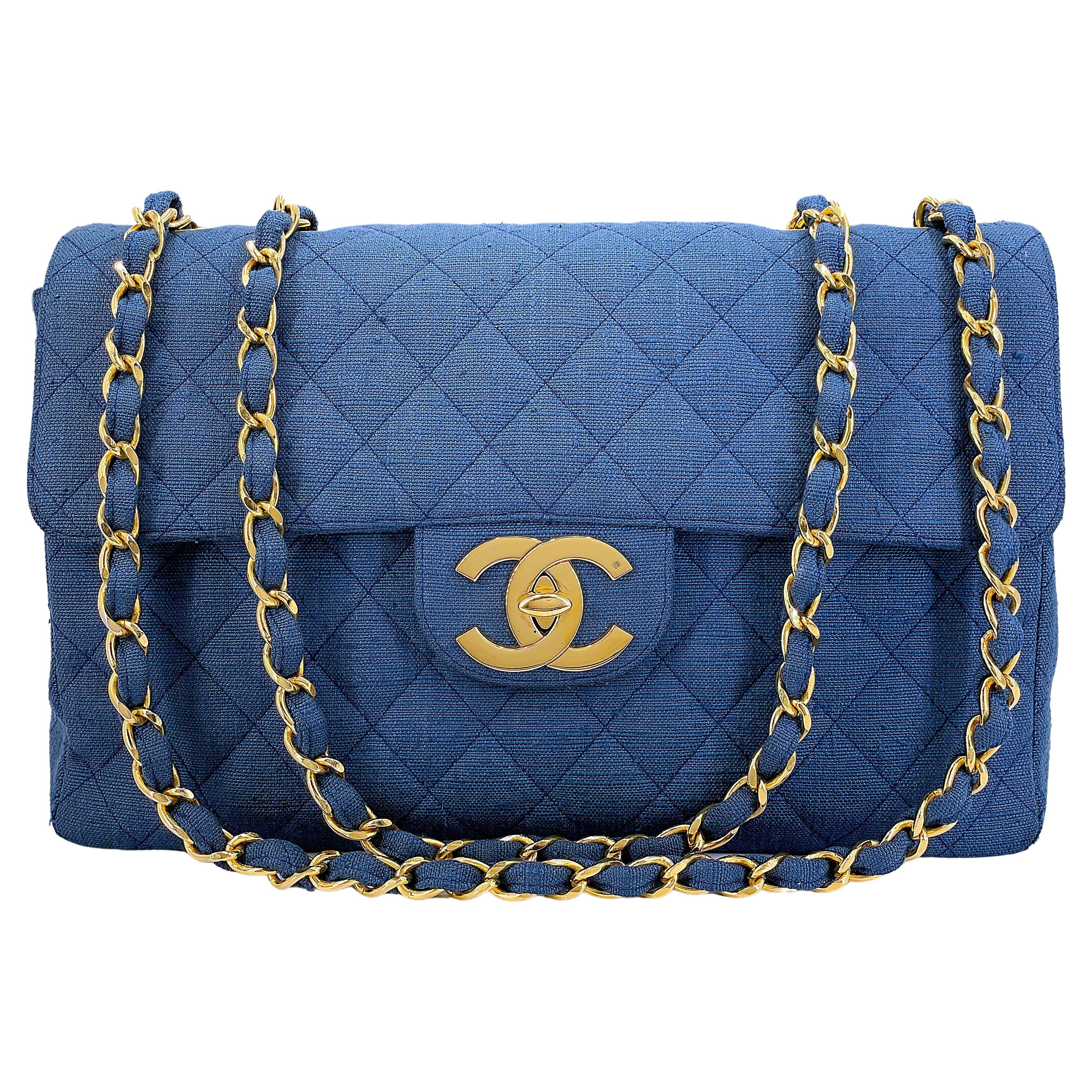 Rare Chanel Vintage Maxi Jumbo XL Flap Bag Fabric Navy blue , GHW