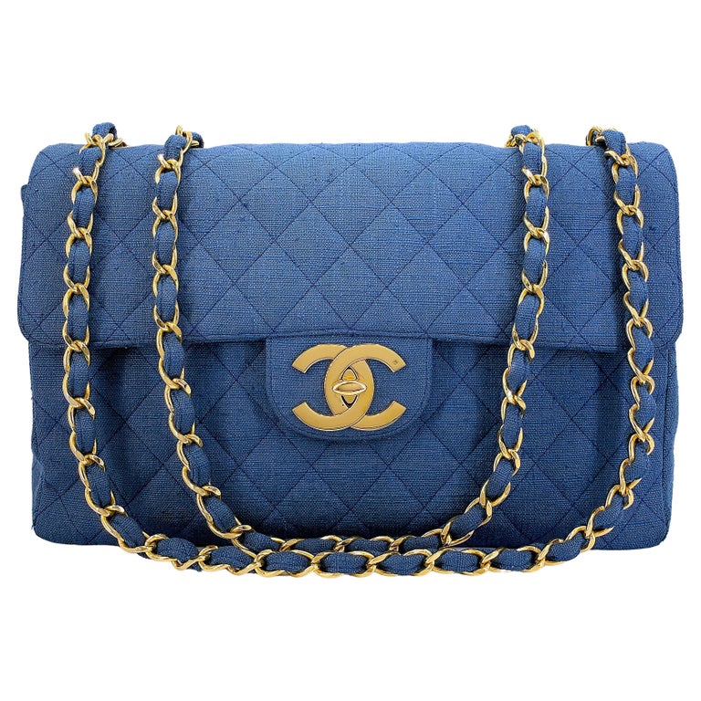 Rare Chanel 1994 Vintage Dark Blue Linen Canvas Classic Maxi Flap 24k GHW  67778 For Sale at 1stDibs