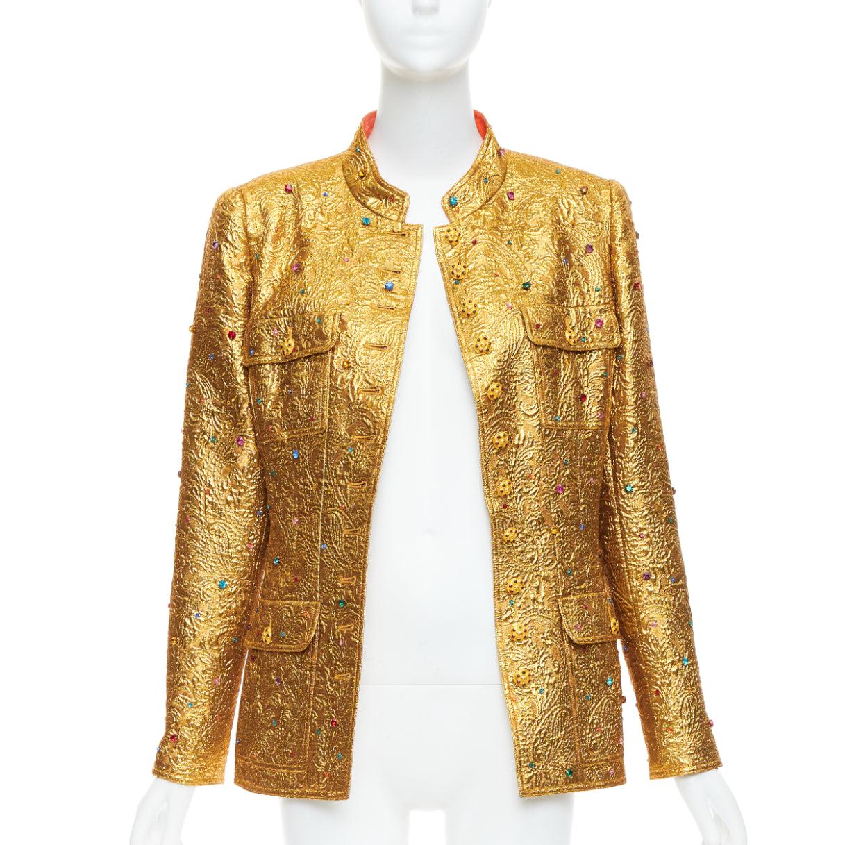 Brown rare CHANEL 1996 Runway  Byzantine gold brocade rhinestone embellished jacket