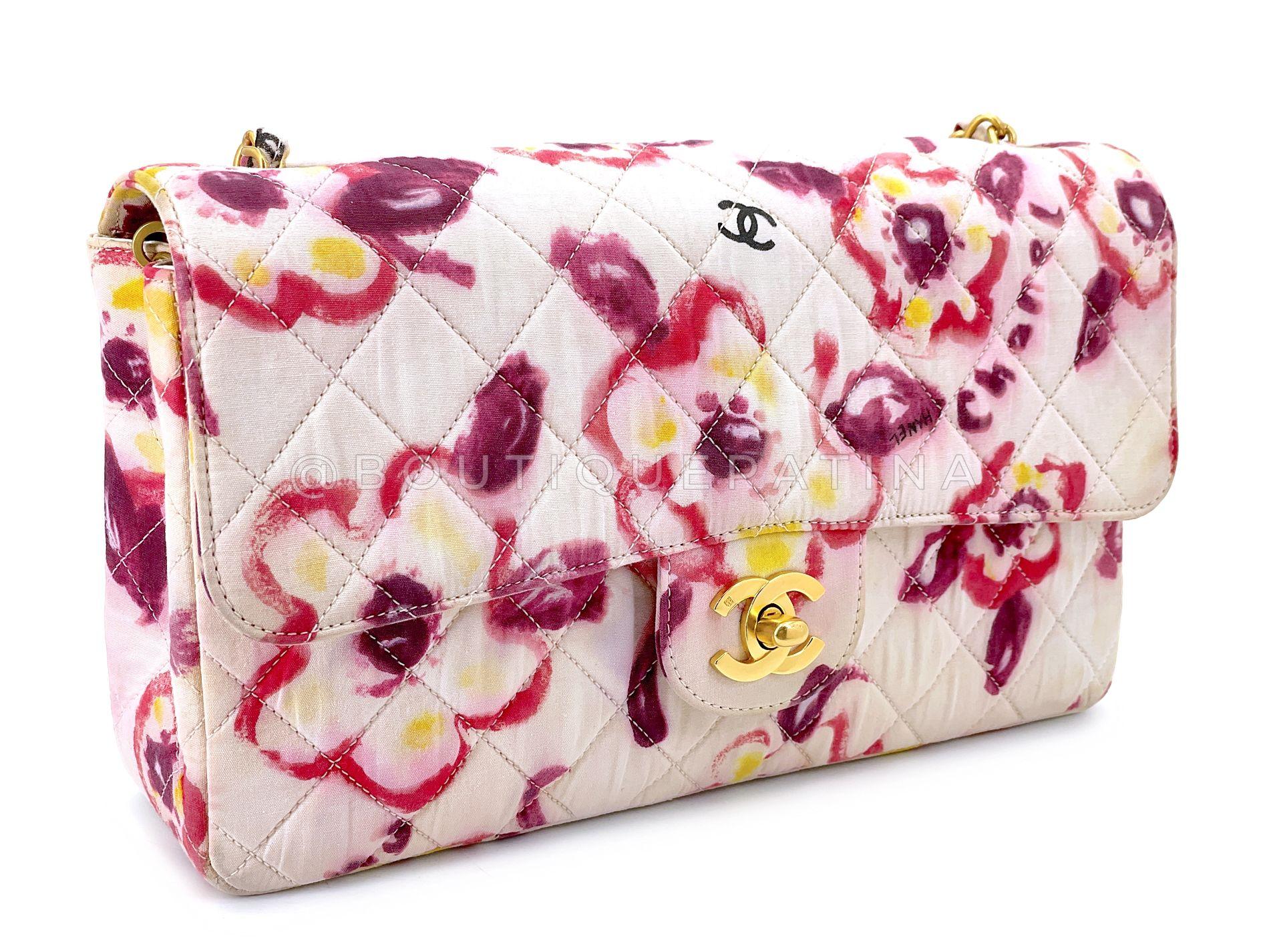Beige Rare Chanel 1996 Vintage Watercolor Floral Medium Classic Flap Bag 24k GHW 68568 For Sale